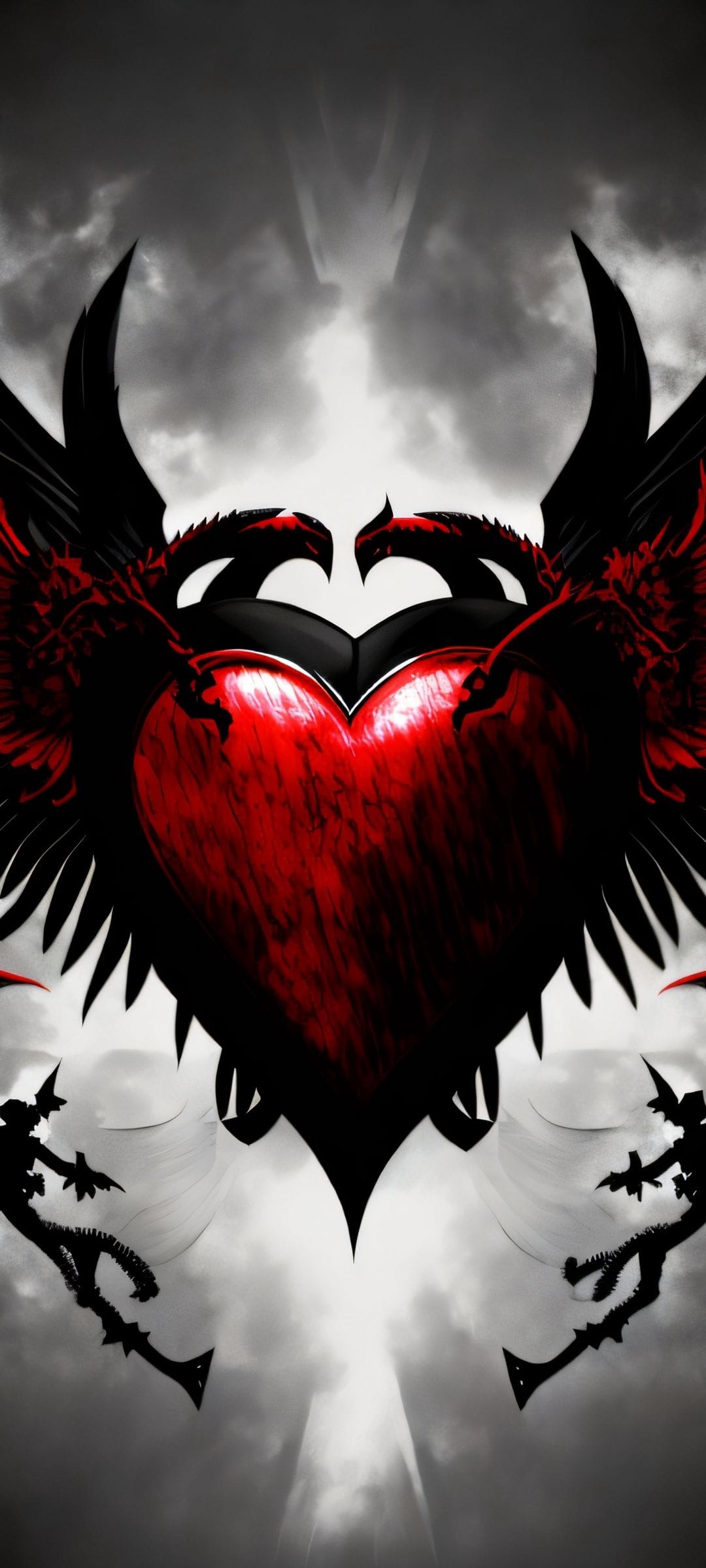 Crimson heart with black feathered wings flanked by spindly dark figures under a cloudy sky with light rays.