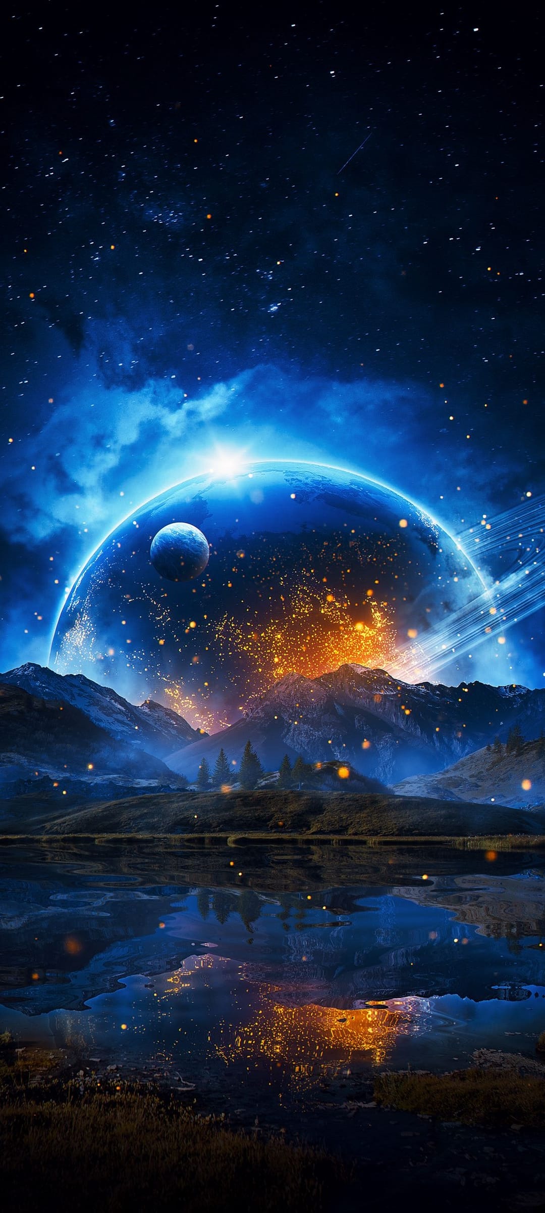 Luminous golden city on a blue planet reflected in a calm lake under a starry night sky with jagged mountains.