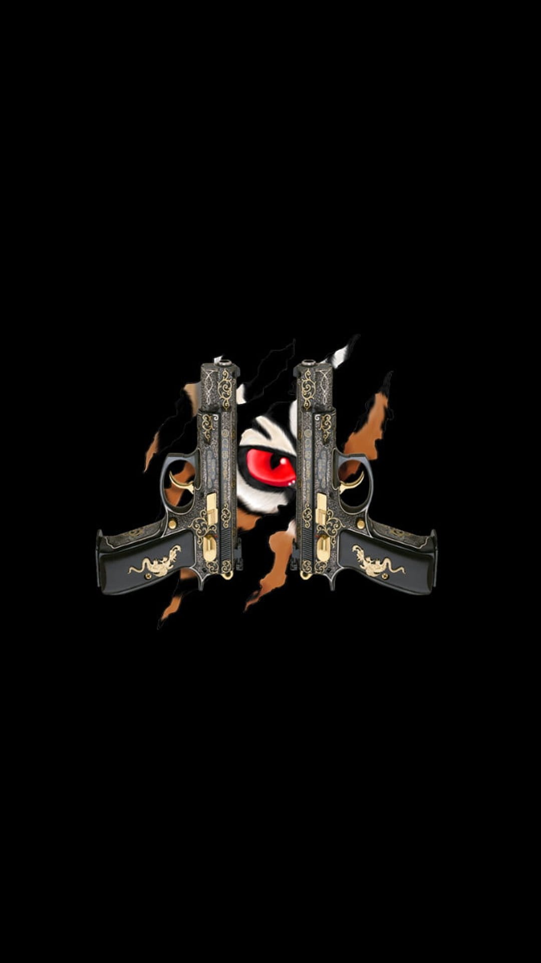 Symmetrical gold engraved pistols frame a glowing red eye peering through a jagged tear on a black background.