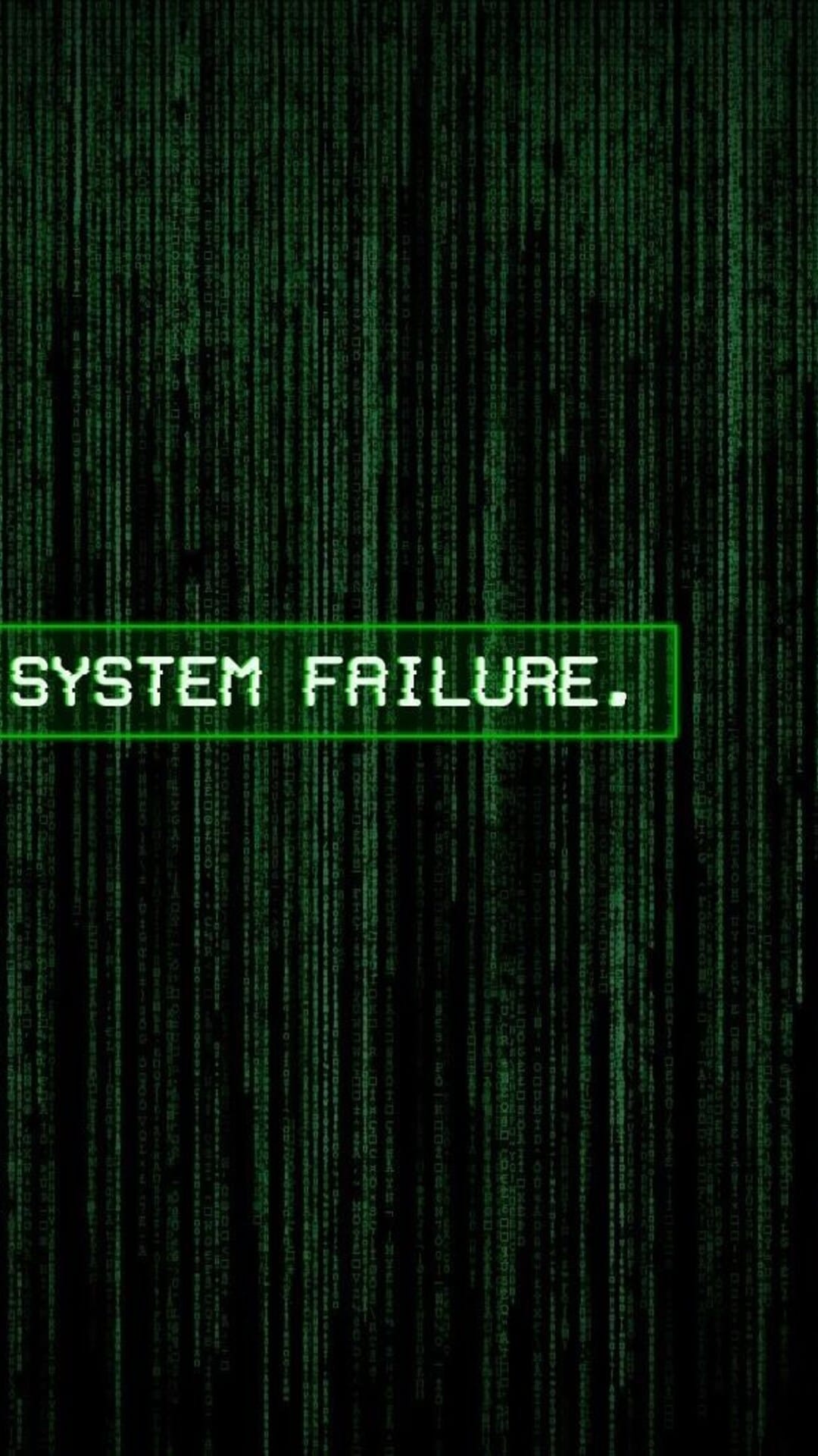 Luminous green code cascades down a dark screen behind distorted text reading System Failure in a glitch style.
