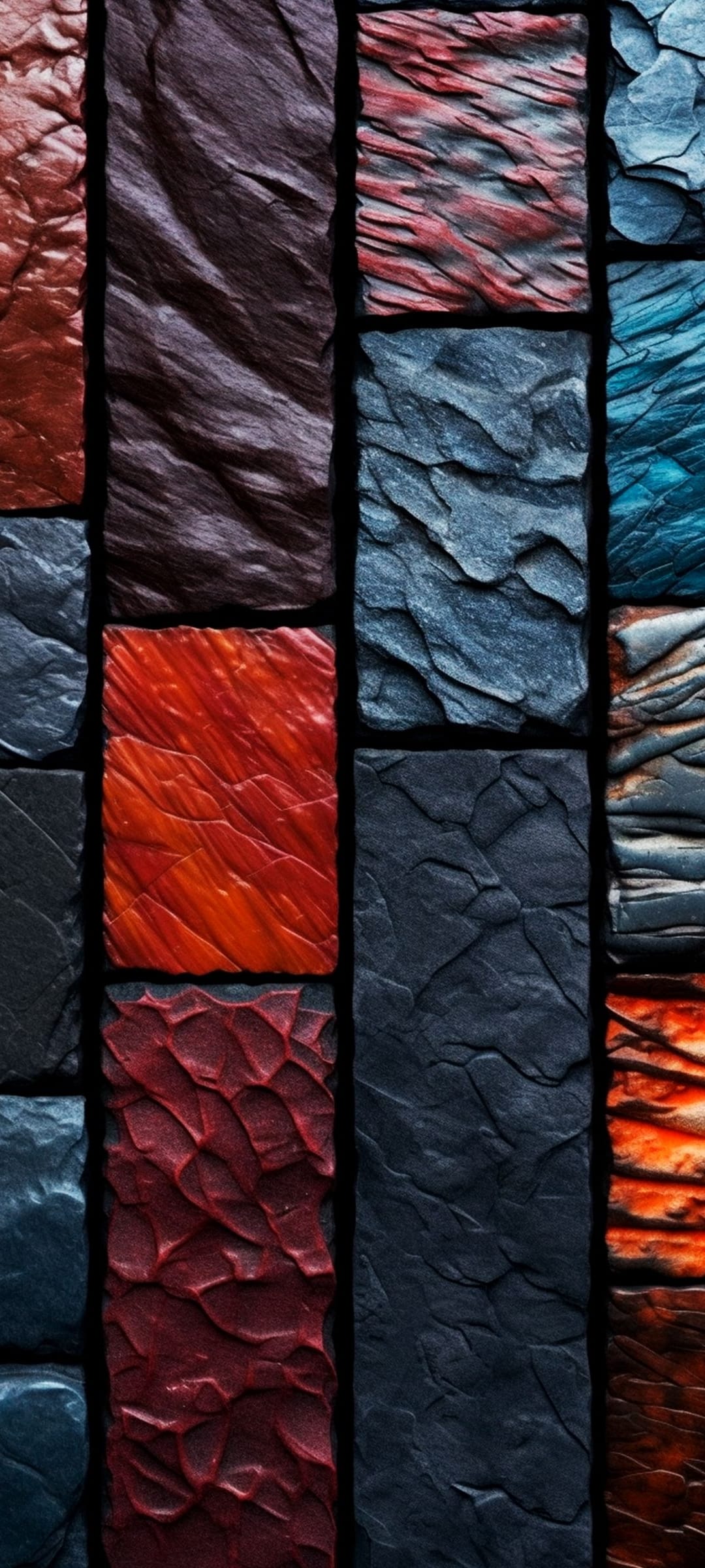 Rectangular stone blocks in red, orange, and blue hues display weathered textures and sharp geometric shadows.