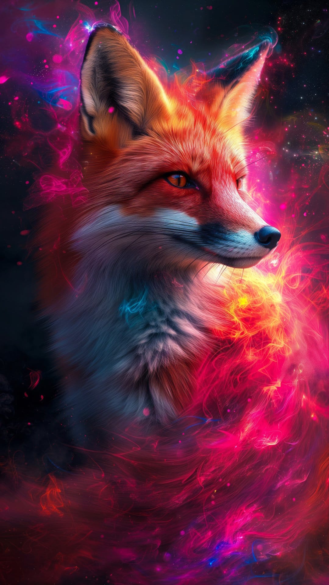 Fire fox with incandescent fur leaps through a colorful nebula of swirling pink, blue, and orange star clouds.