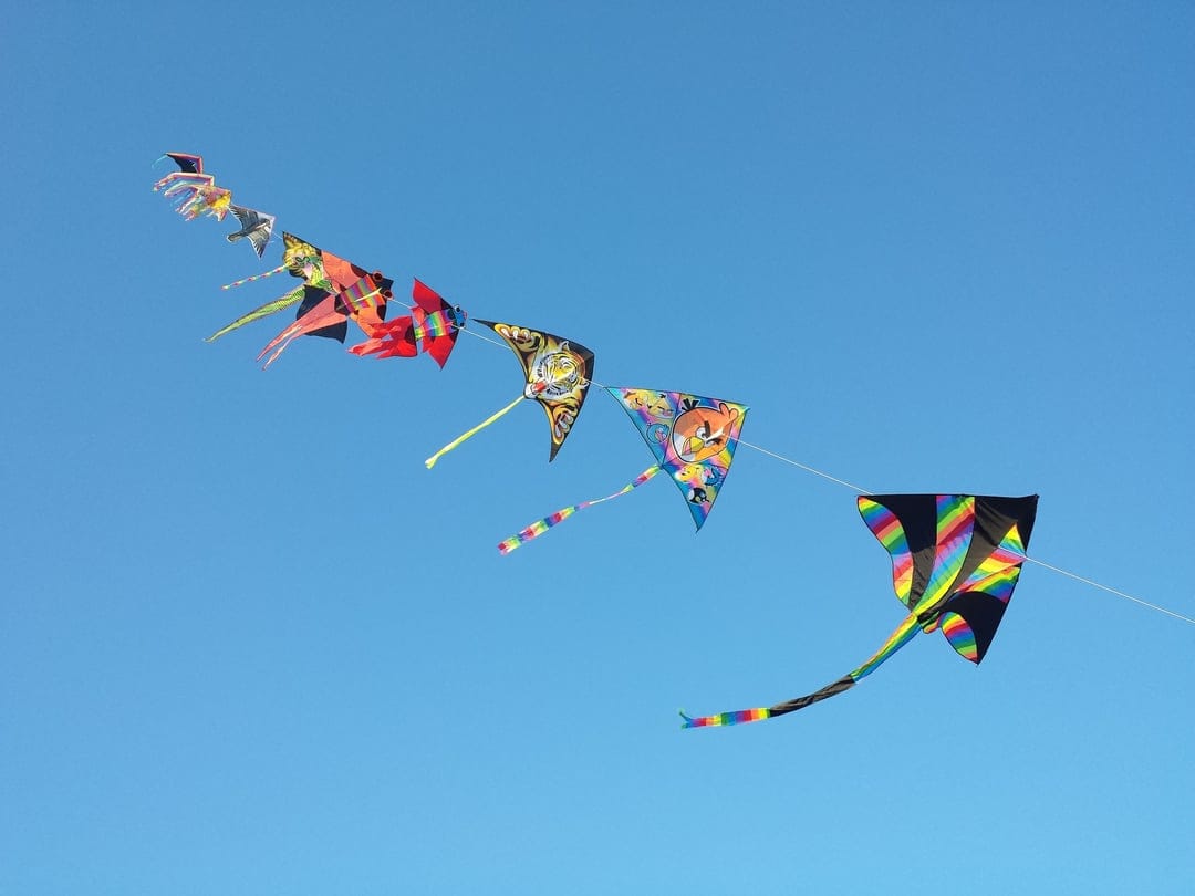 Multi-colored kites in animal and geometric shapes float through a vast, cloudless blue sky on thin white strings.