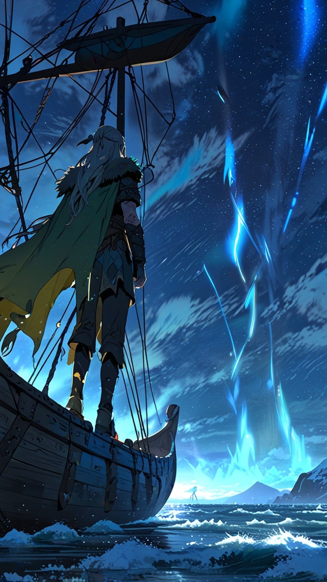 Viking warrior on a wooden ship deck looks up at blue northern lights and stars in a frozen arctic night sky.