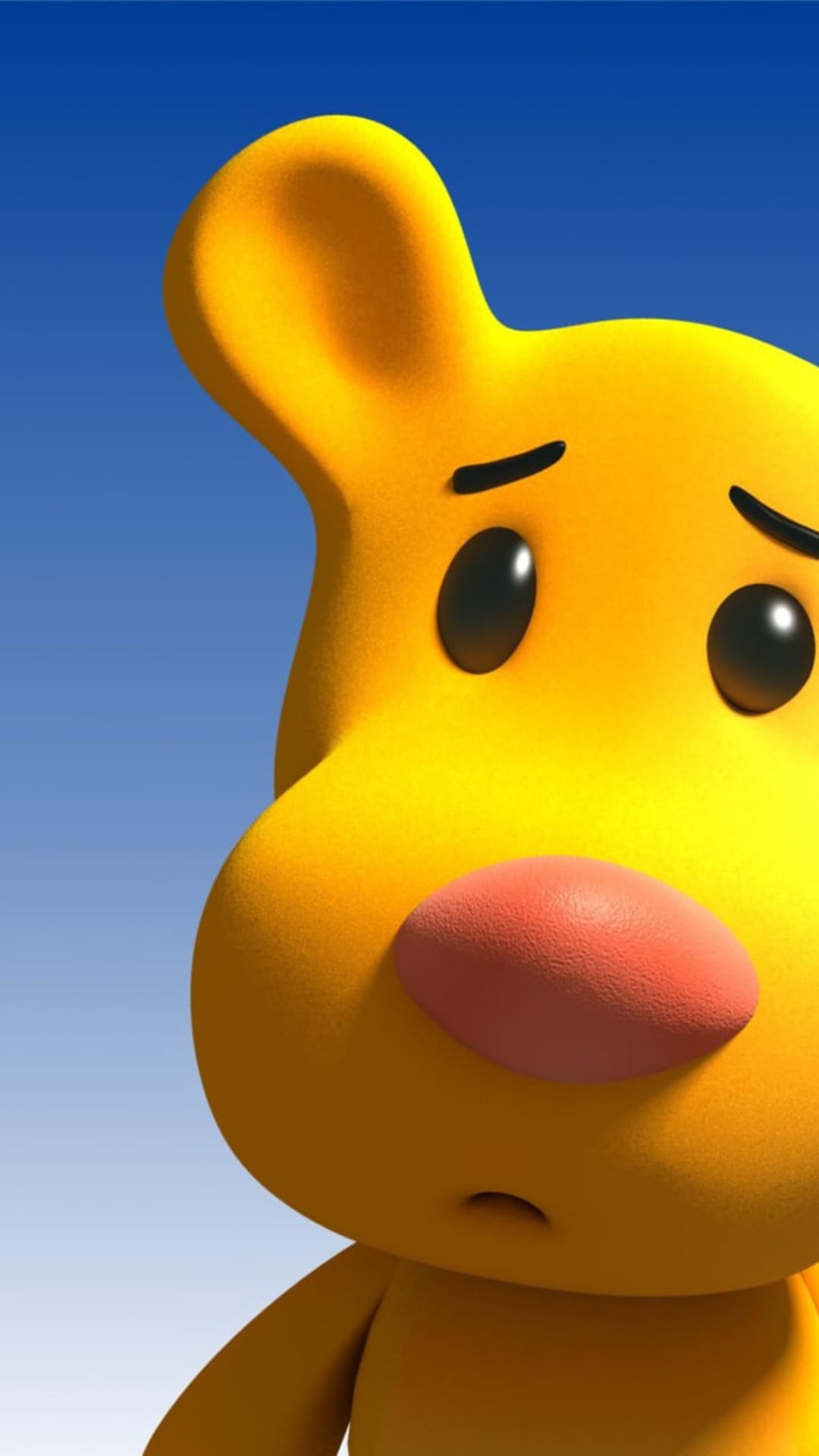 Yellow character with a sad expression, large dark eyes, and a pink nose against a gradient blue sky backdrop.