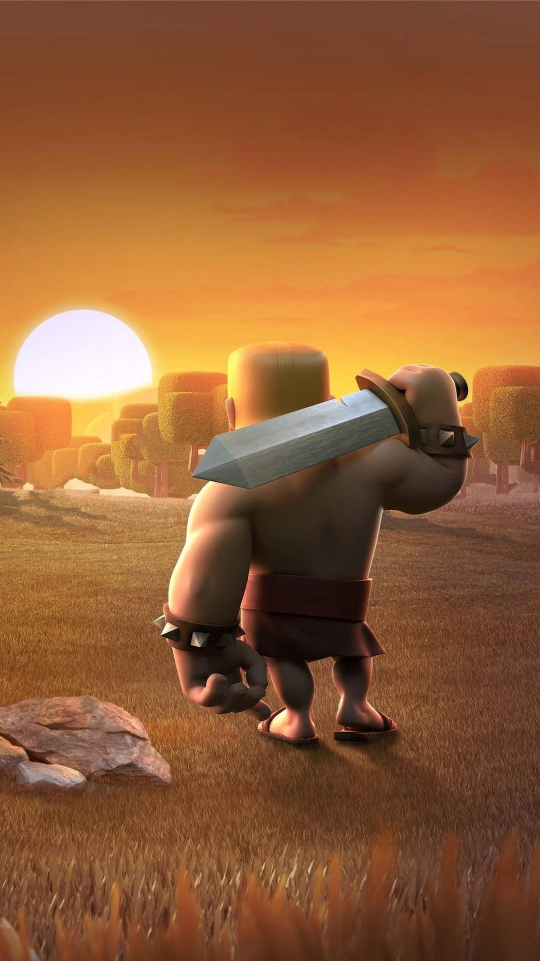 Back view of a muscular warrior with a sword over his shoulder watching a sunset over a blocky landscape.