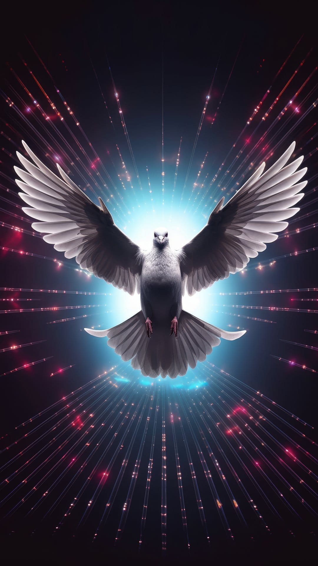 White dove with outstretched wings soaring before a brilliant blue nebula and radiating red light beams.
