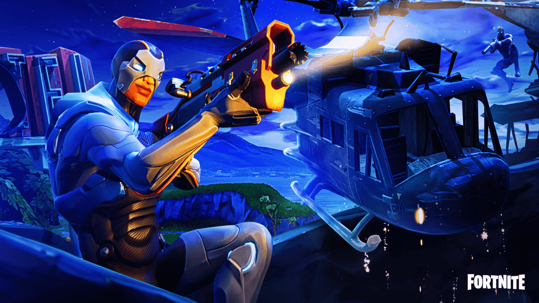 Fortnite shotgun weapon 3D render showing metallic textures and purple neon glowing details in high resolution.