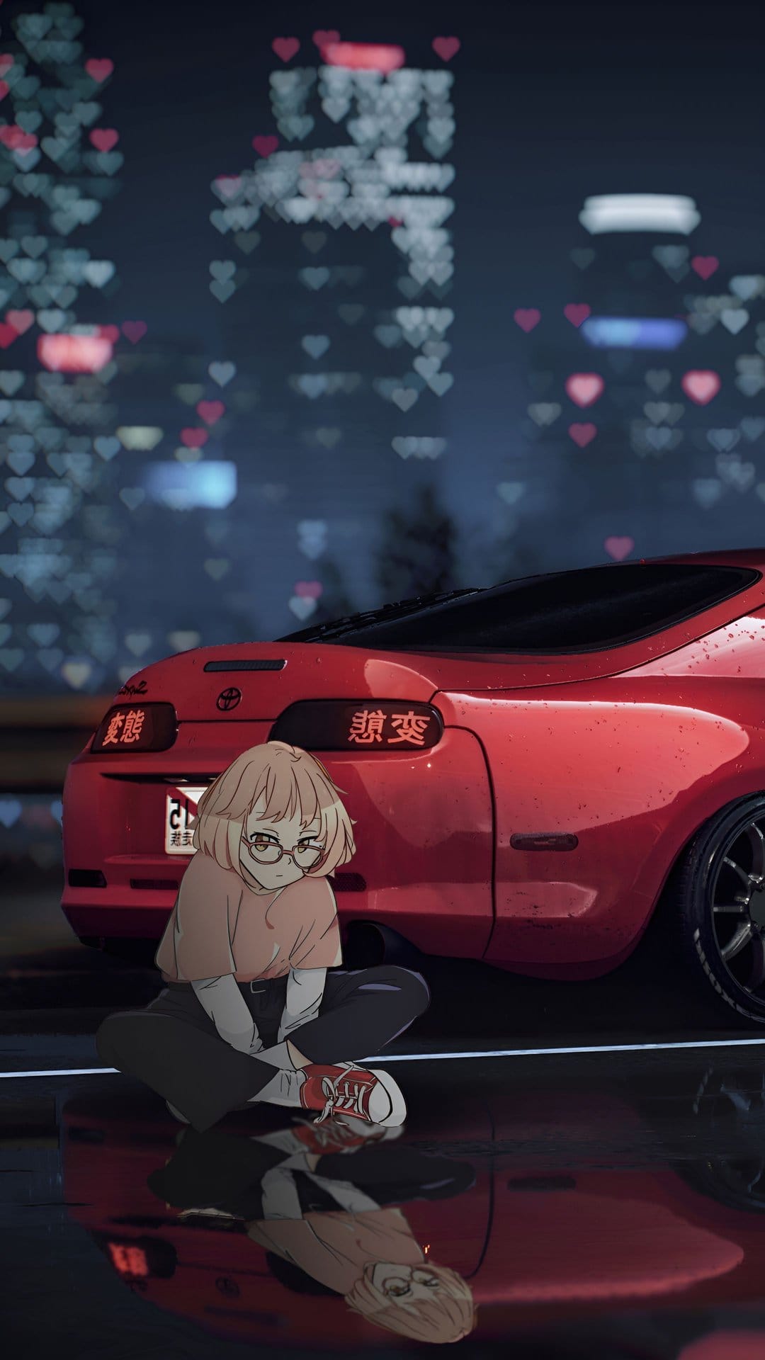 Young woman with glasses sits beside a red car with glowing taillights against heart-shaped bokeh lights.
