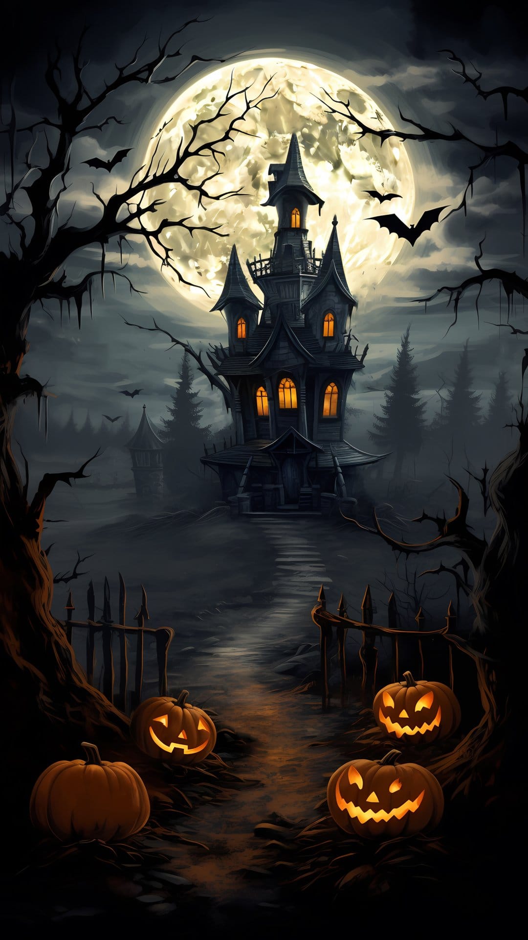 Haunted mansion silhouetted by a large full moon with bats flying and glowing jack-o-lanterns lining a path.