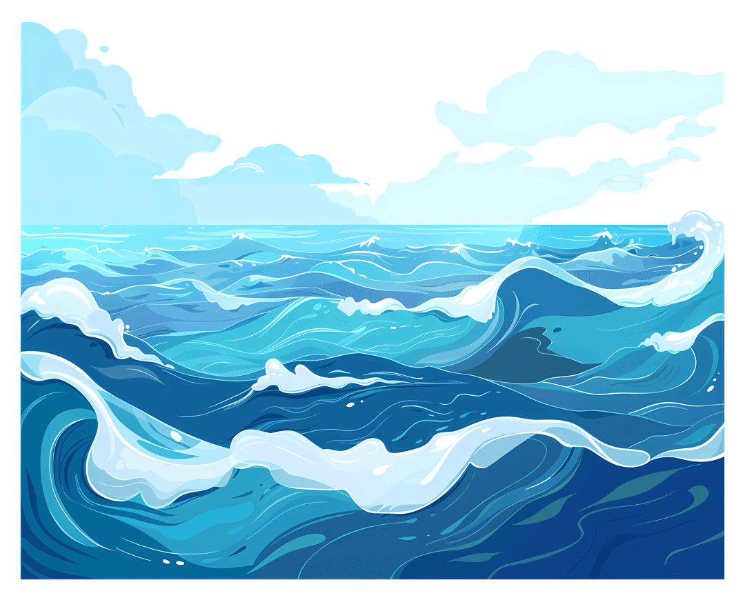 Ocean wave illustration featuring blue water crests and white foam curls against a transparent background.