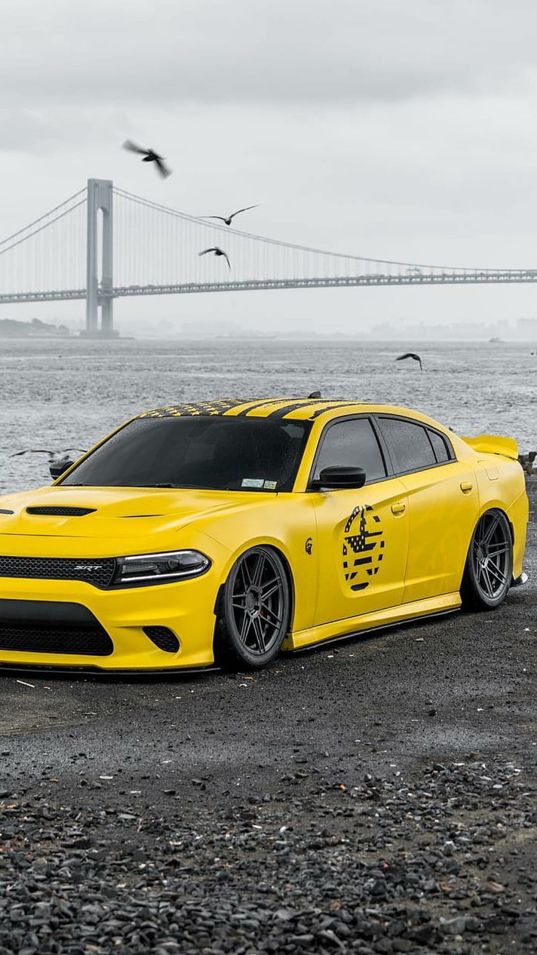 Yellow Dodge Charger with black stripes and a flag decal parked by a suspension bridge near coastal waters.