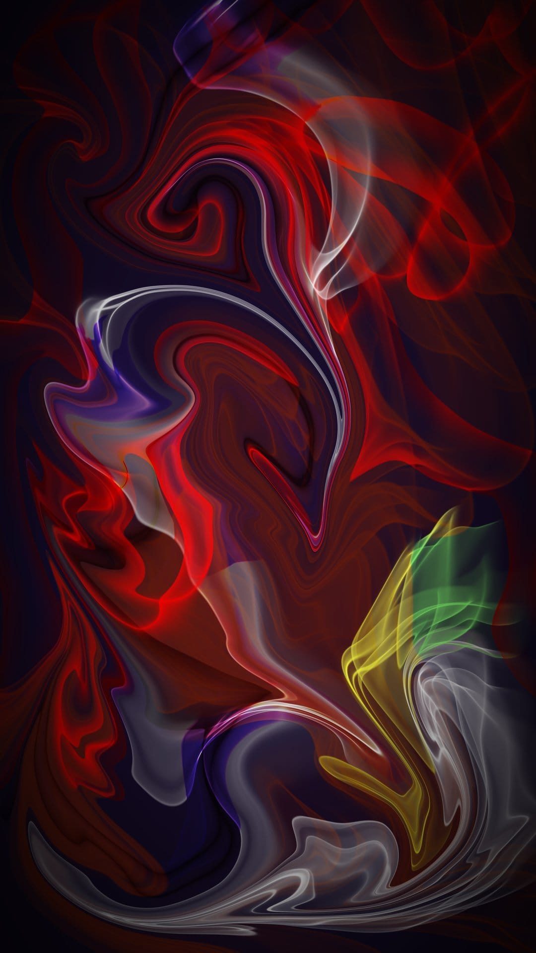 Crimson and cobalt smoke plumes collide against a black backdrop with high-contrast fluid motion and depth.