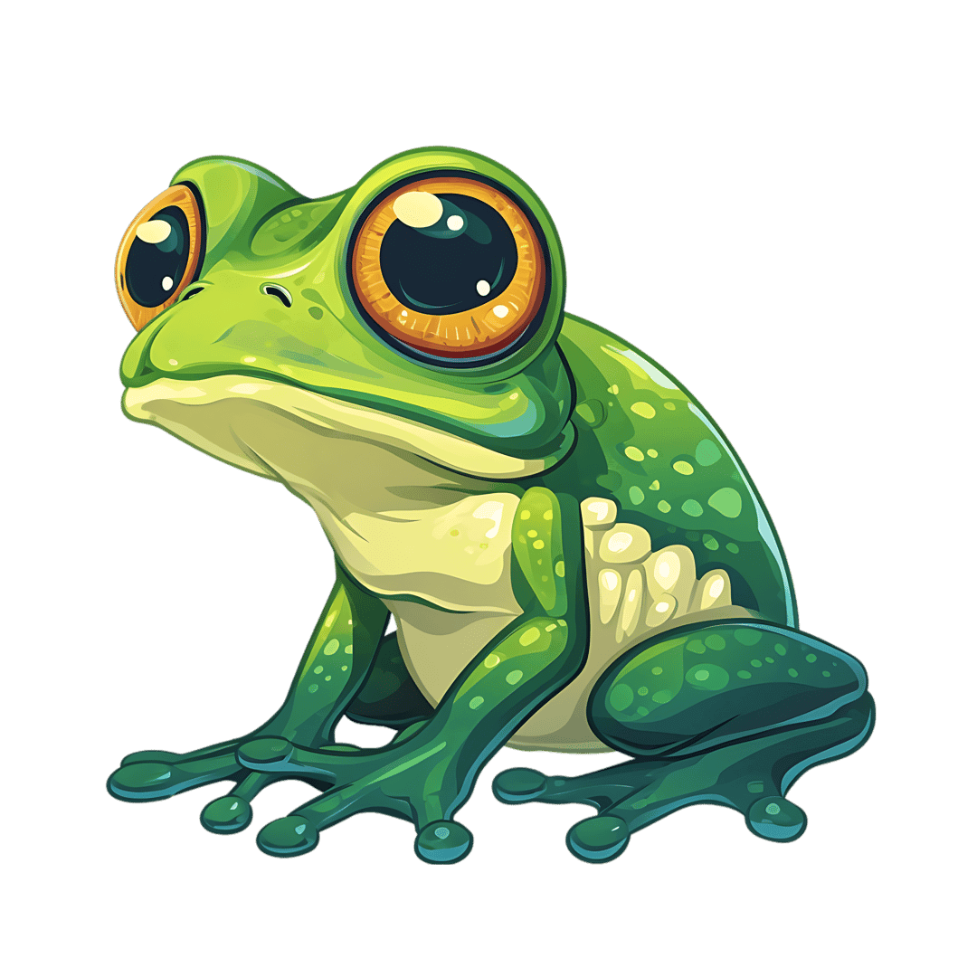 Green frog character with large orange eyes sits on a dark background showing speckled glossy skin and webbed feet.