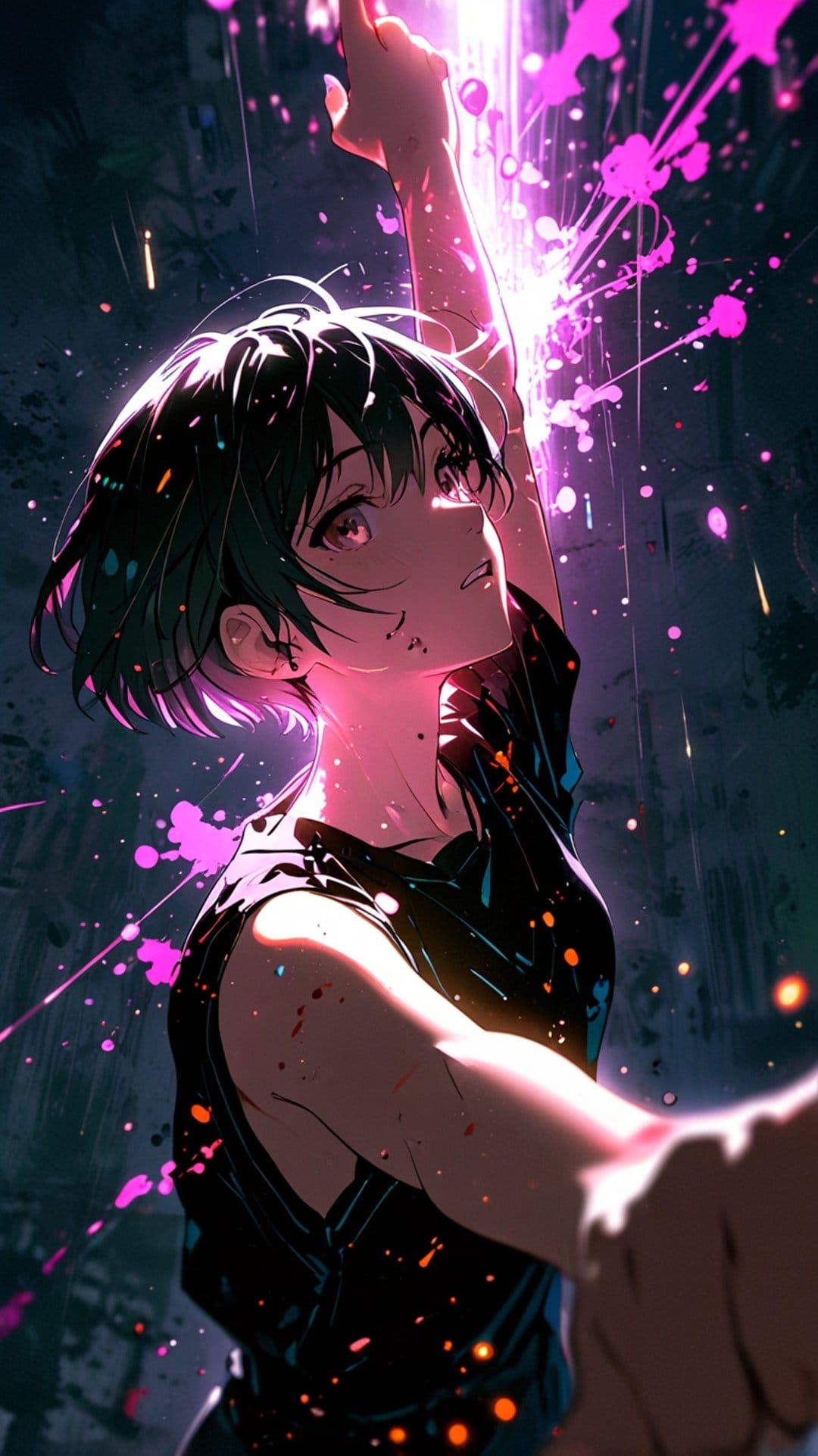 Short-haired woman reaching toward a brilliant burst of pink light and glowing particles against a dark city.
