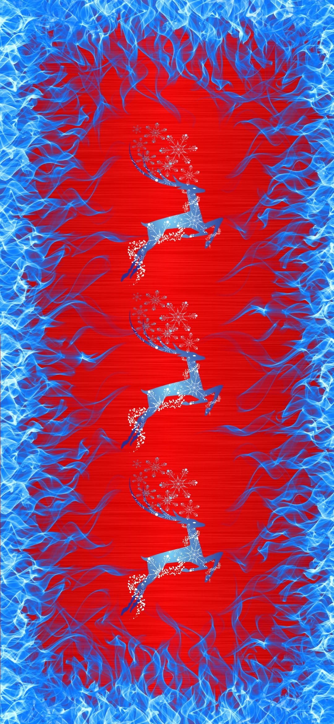 Blue reindeer silhouettes with snowflake patterns surrounded by azure flames on a textured red background.