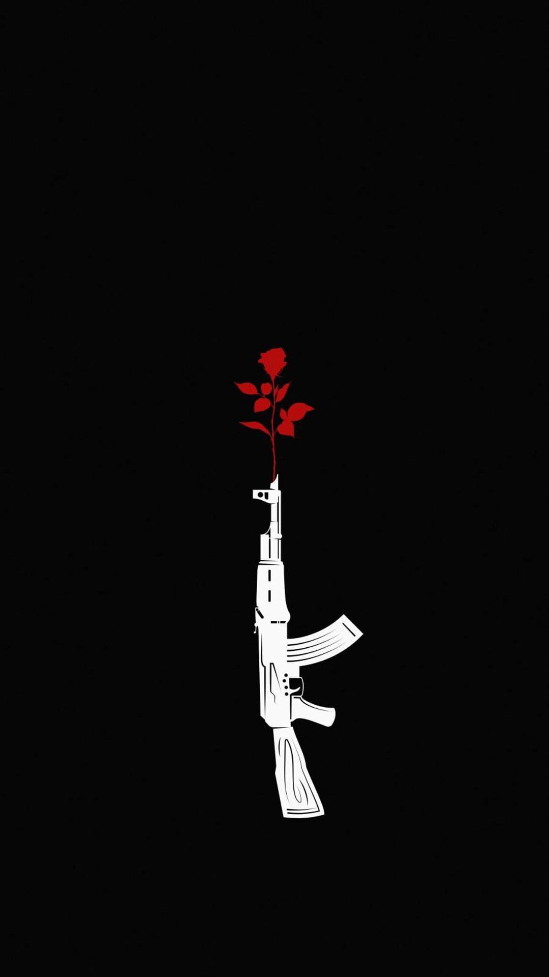 White AK-47 rifle silhouette on black background with a red rose emerging from the barrel and green leaves.