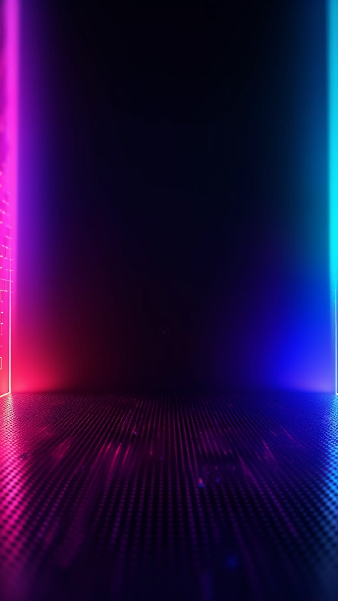 Neon corridor with cyan and magenta lights reflecting on a dark metallic grid floor in a sci-fi setting.