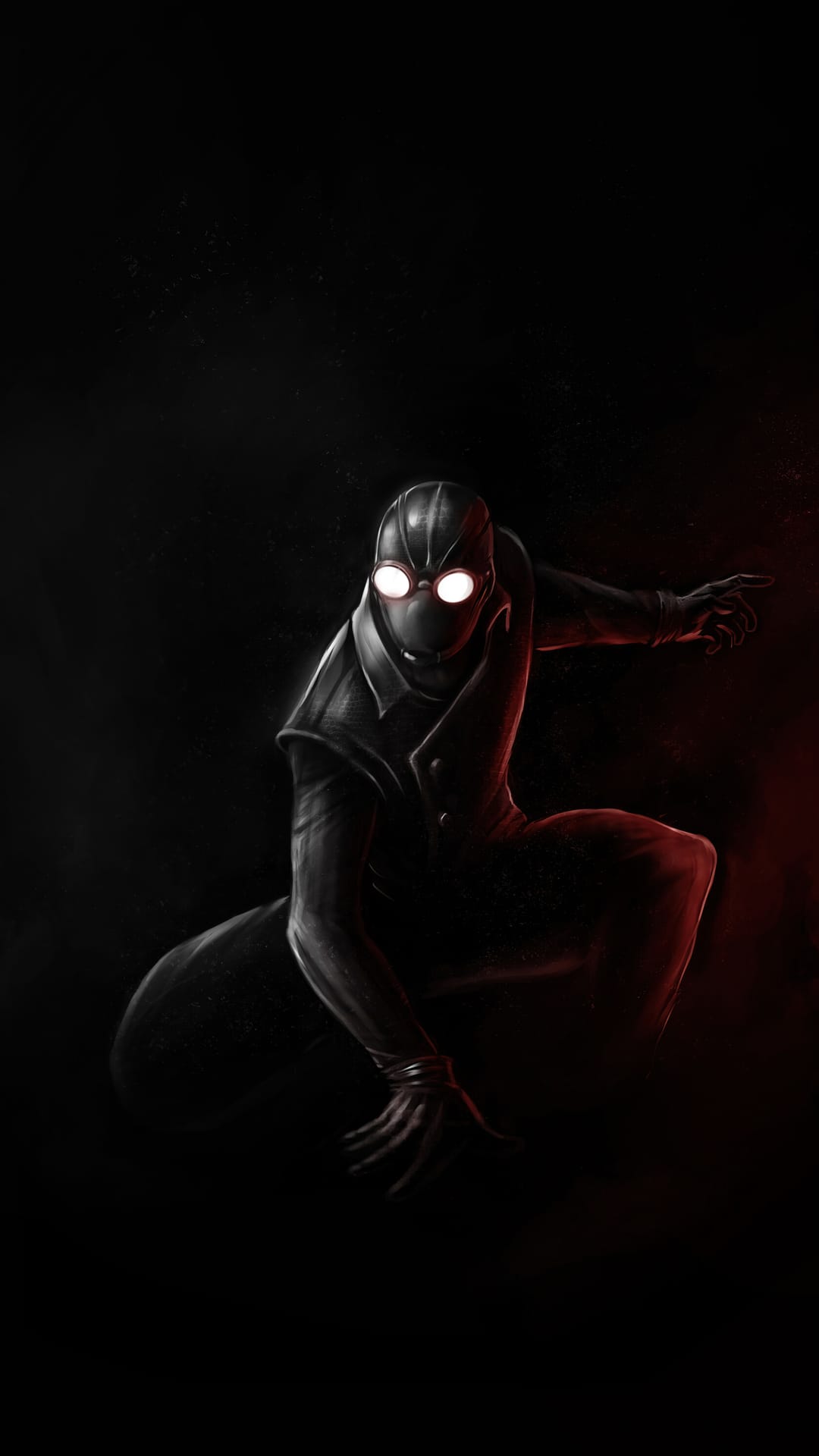 Spider-Man Noir wearing a trench coat and glowing white goggles crouches in a dark, red-lit urban environment.