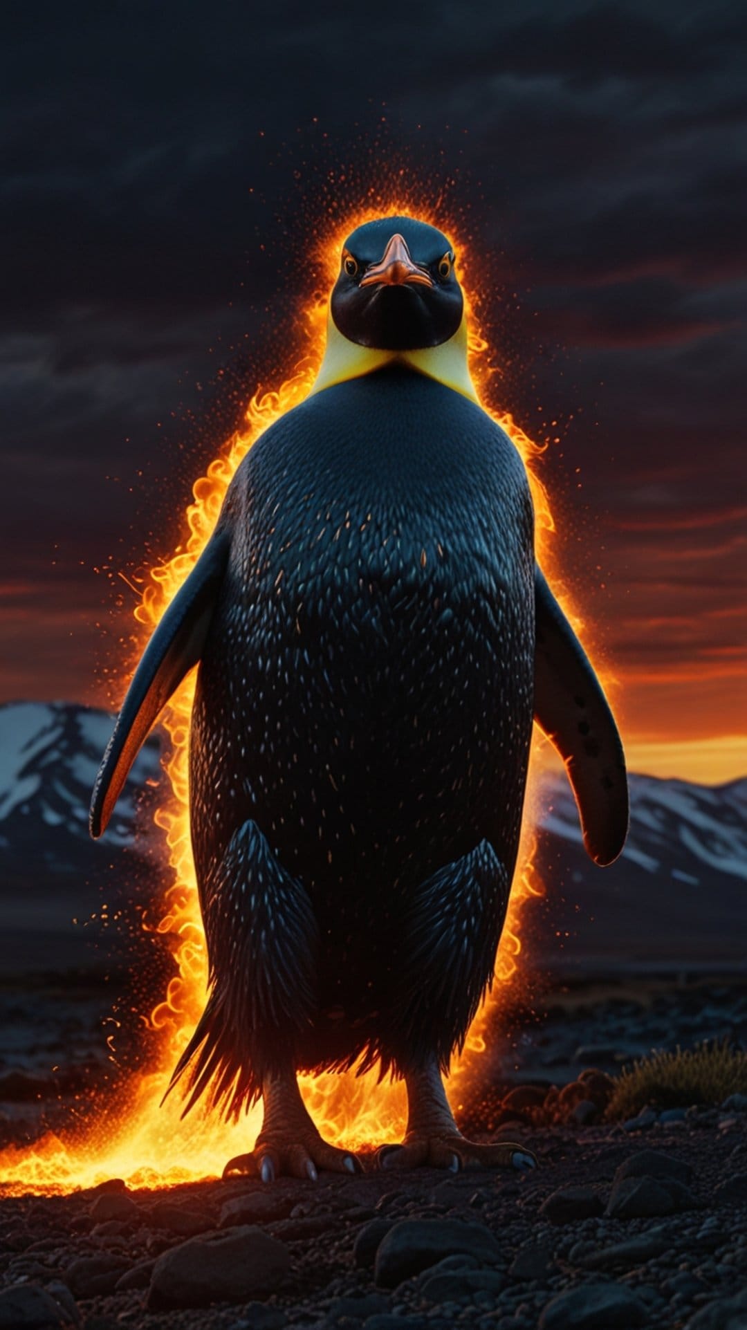 Penguin standing in a ring of fire on rocky ground with snowy mountains and a dark sunset sky in the background.