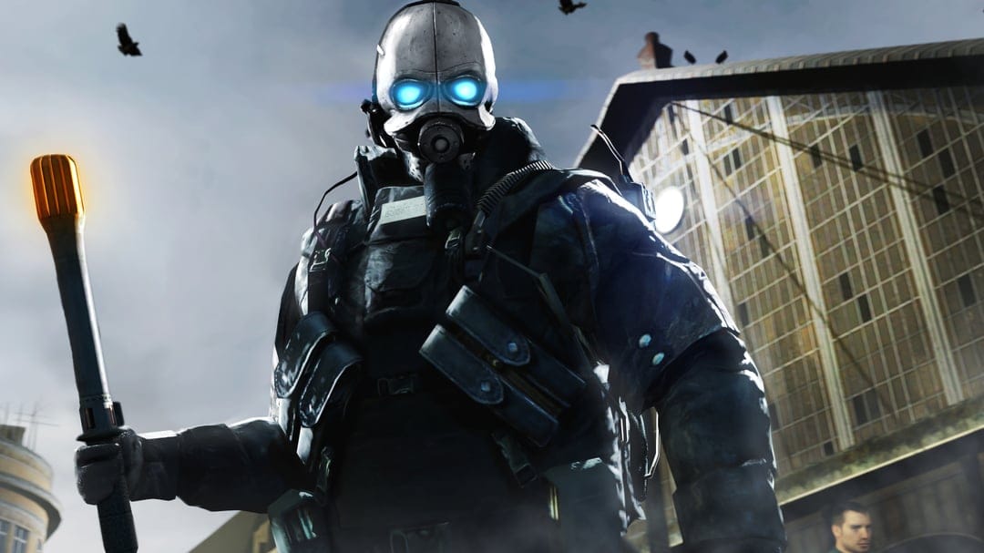 Combine soldier with glowing blue eyes holding an orange electric baton against a hazy dystopian city backdrop.