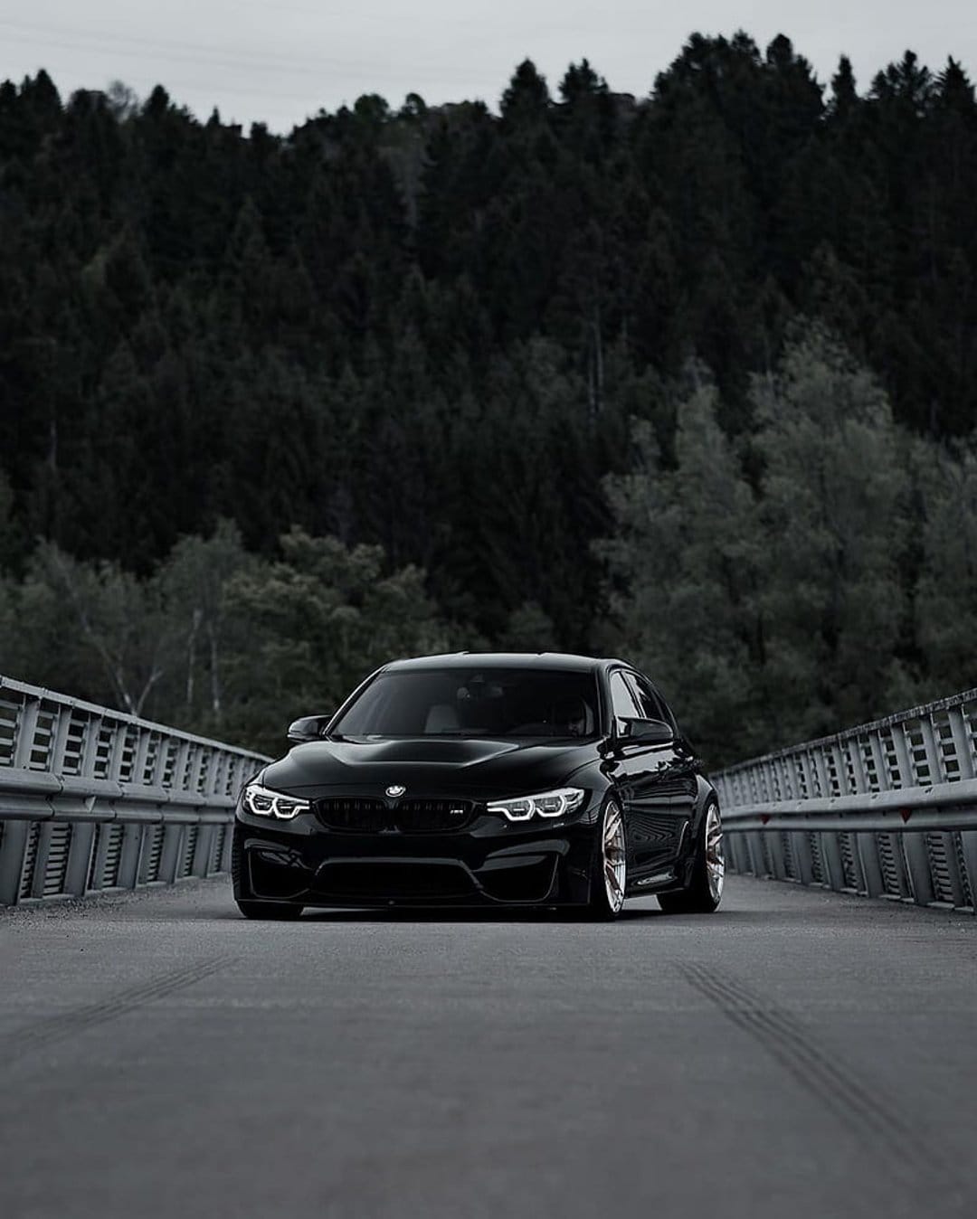 Black BMW M3 sports car with glowing headlights parked on a bridge surrounded by a dense, dark pine forest.