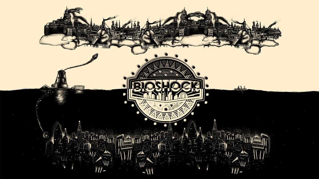 Columbia and Rapture cities separated by the sea with the central BioShock logo in a sepia illustration.