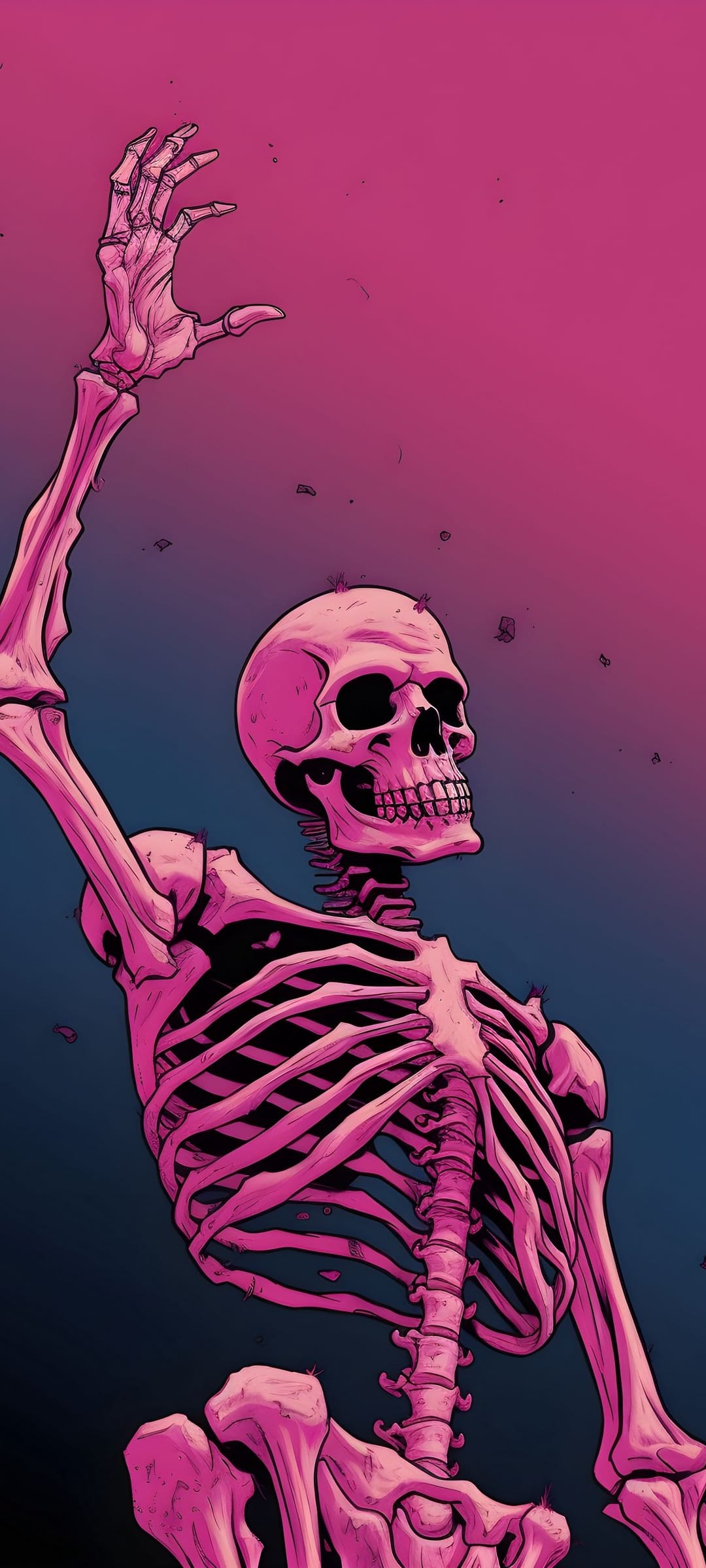 Pink skeleton with its left arm raised against a magenta and navy blue gradient background with dark speckles.