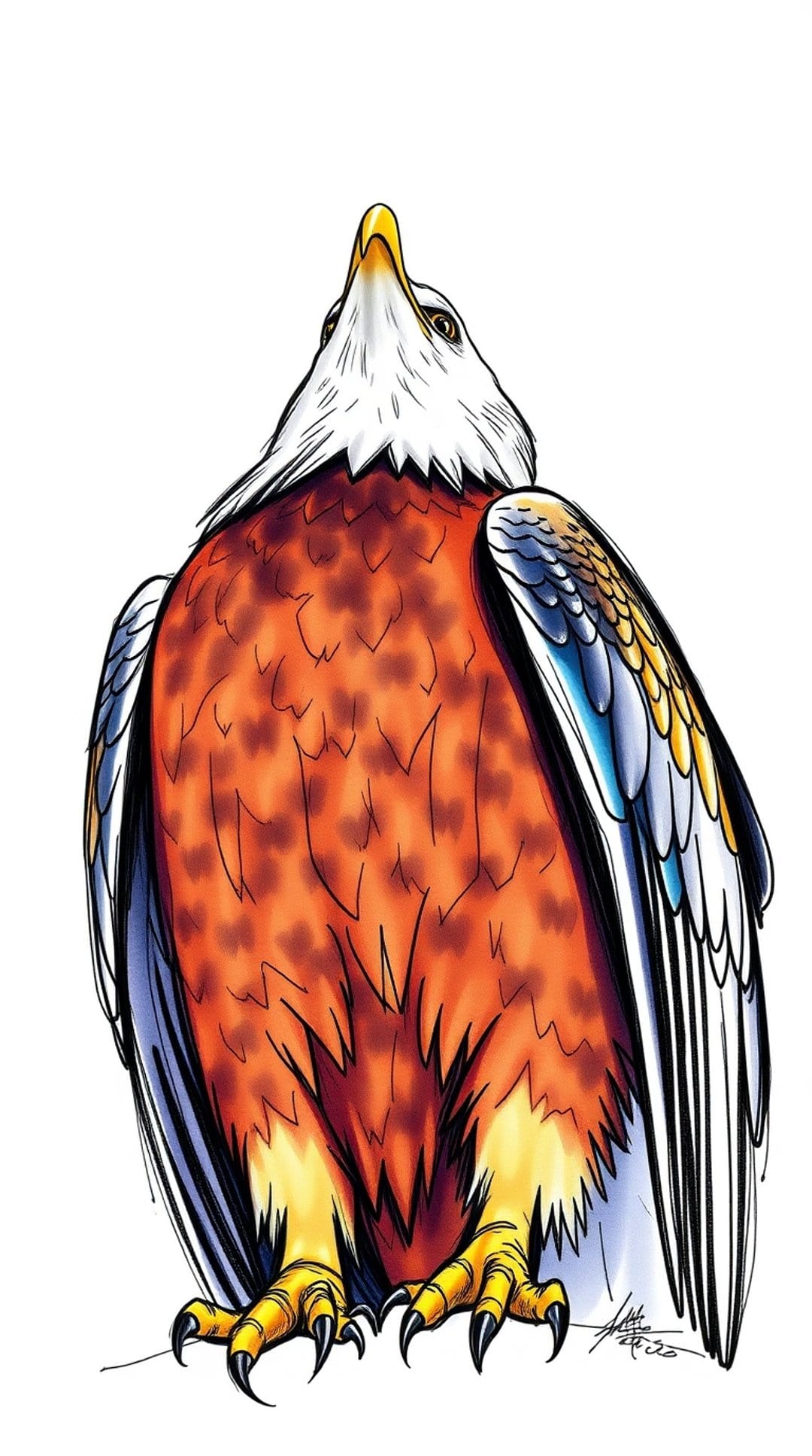 Bald eagle with orange feathers and a white head tilts its neck upward showing blue wings and yellow talons.
