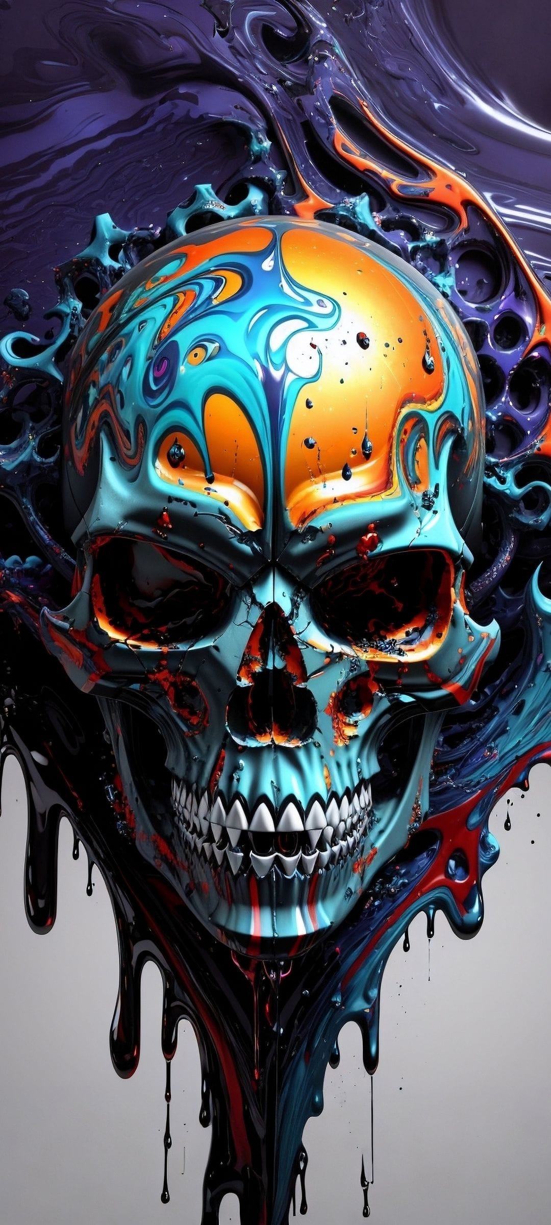 Melting skull featuring swirling neon cyan and orange paint drips against a dark, shadowy void background.
