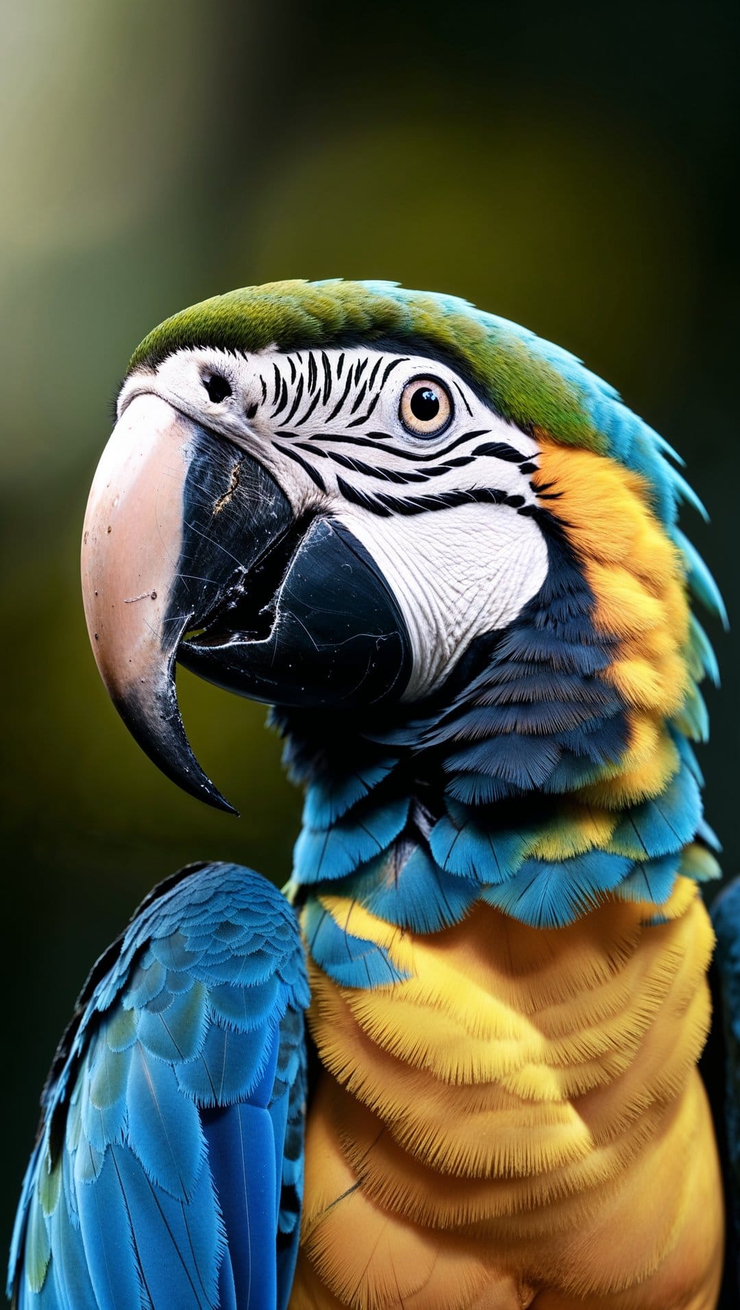 Blue and yellow macaw with a large curved beak and white face markings looking forward in a profile view.