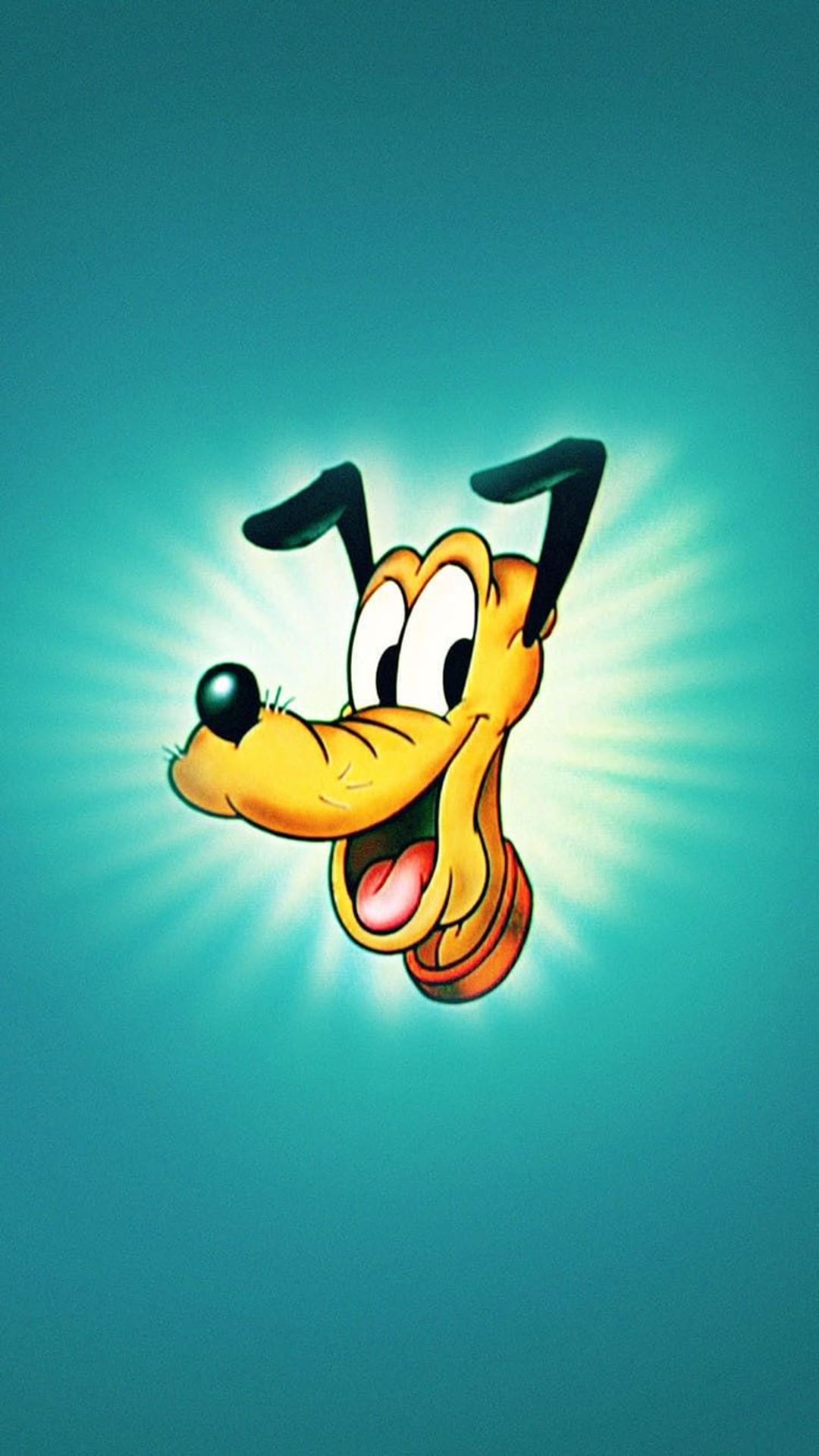 Pluto the dog smiles with a lolling tongue and wide eyes against a bright teal background with bold outlines.