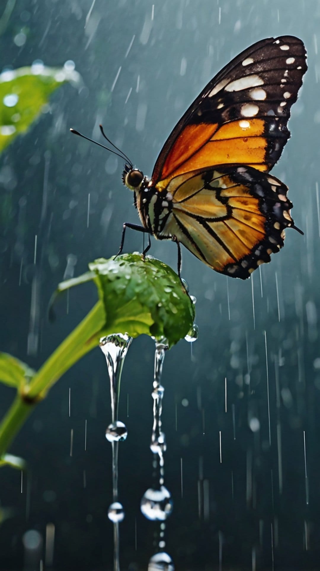 Monarch butterfly sits on a green leaf covered in glistening water droplets during a soft, atmospheric rainfall.
