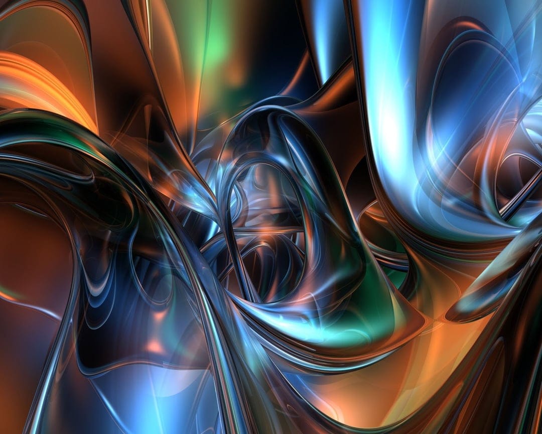 Glossy blue and orange liquid metal forms swirl together with high-reflectivity in a fluid 3D composition.
