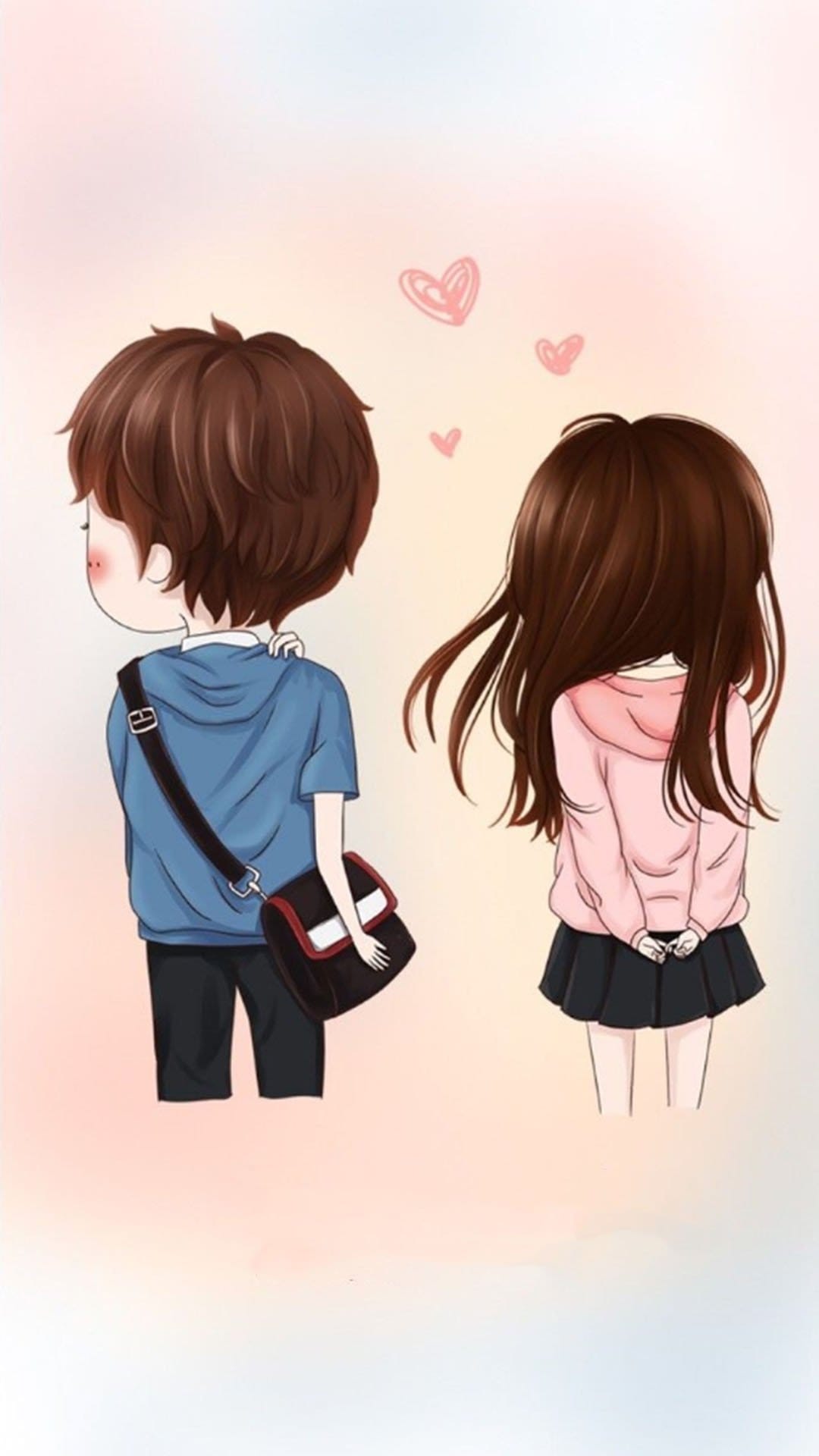 Boy in a blue hoodie and girl in a pink hoodie stand from behind surrounded by floating hearts and pastel colors.