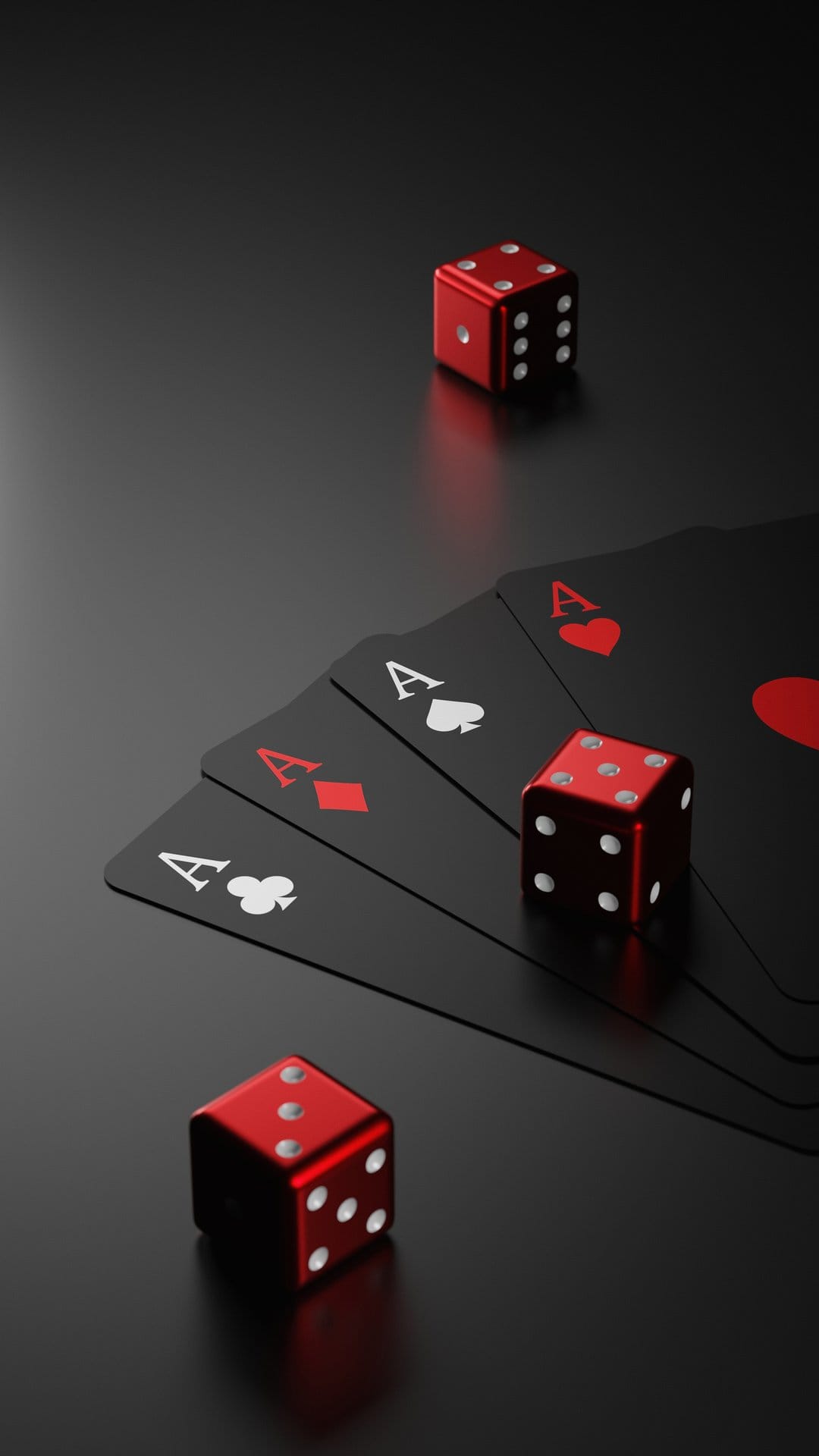 Four black ace cards fanned out next to three red dice on a reflective dark surface with dramatic lighting.