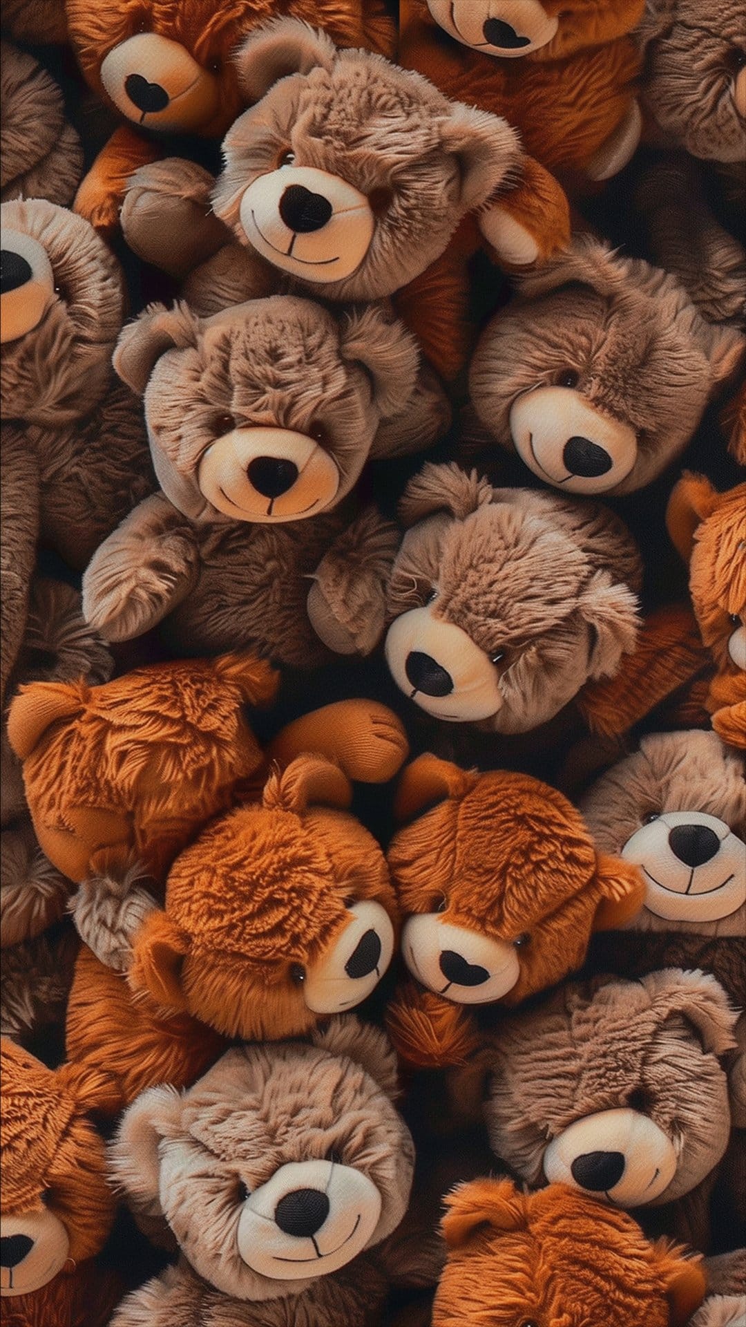 Plush teddy bears in varying shades of brown and tan are piled together, showing soft textures and stitched noses.
