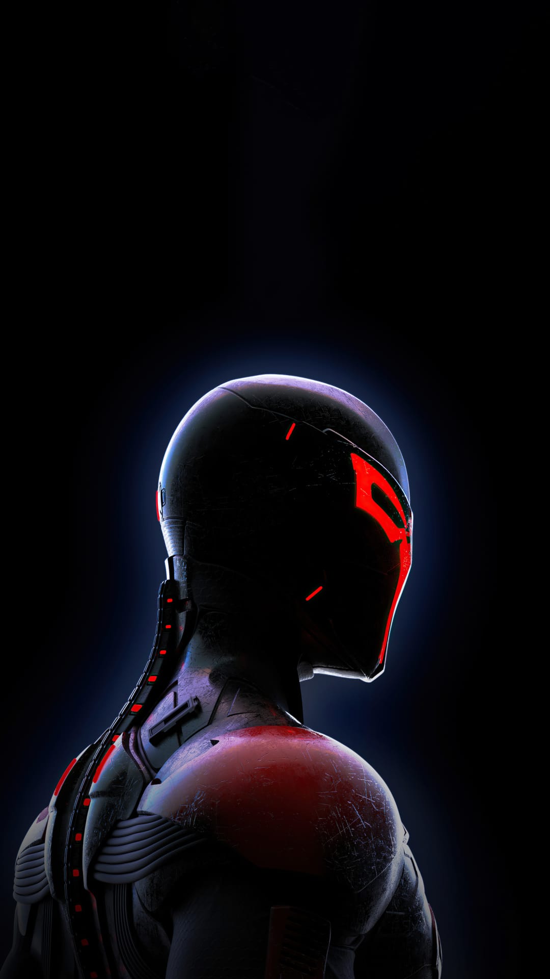 Robotic head in side profile features glowing red light strips on a sleek black helmet against a dark background.