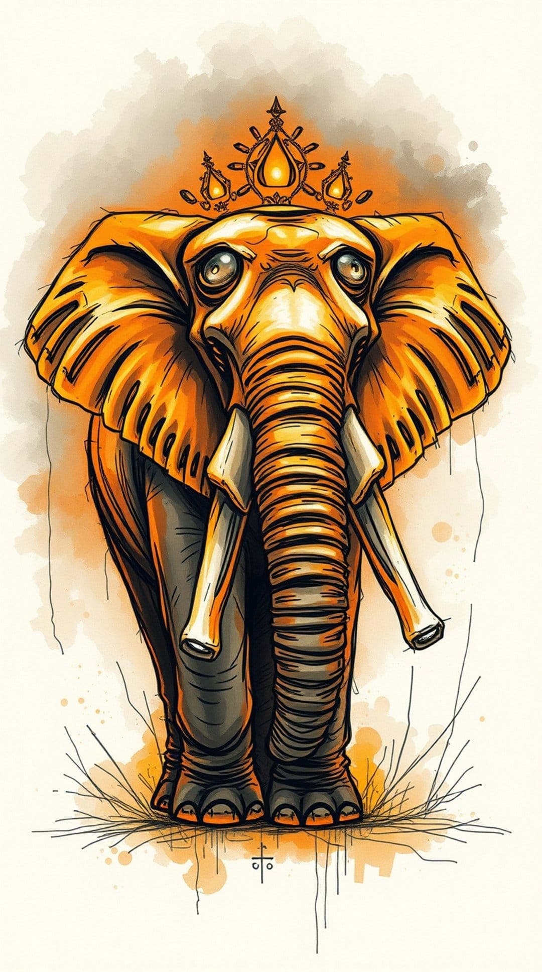 Elephant wearing an ornate gold crown with orange watercolor splashes and ivory tusks on a gray background.