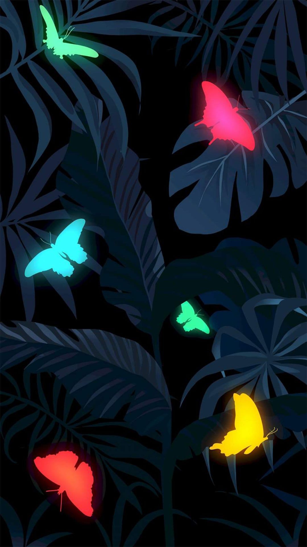 Glowing neon butterflies in shades of pink and blue fly among dark shadowed tropical leaves in a night forest.