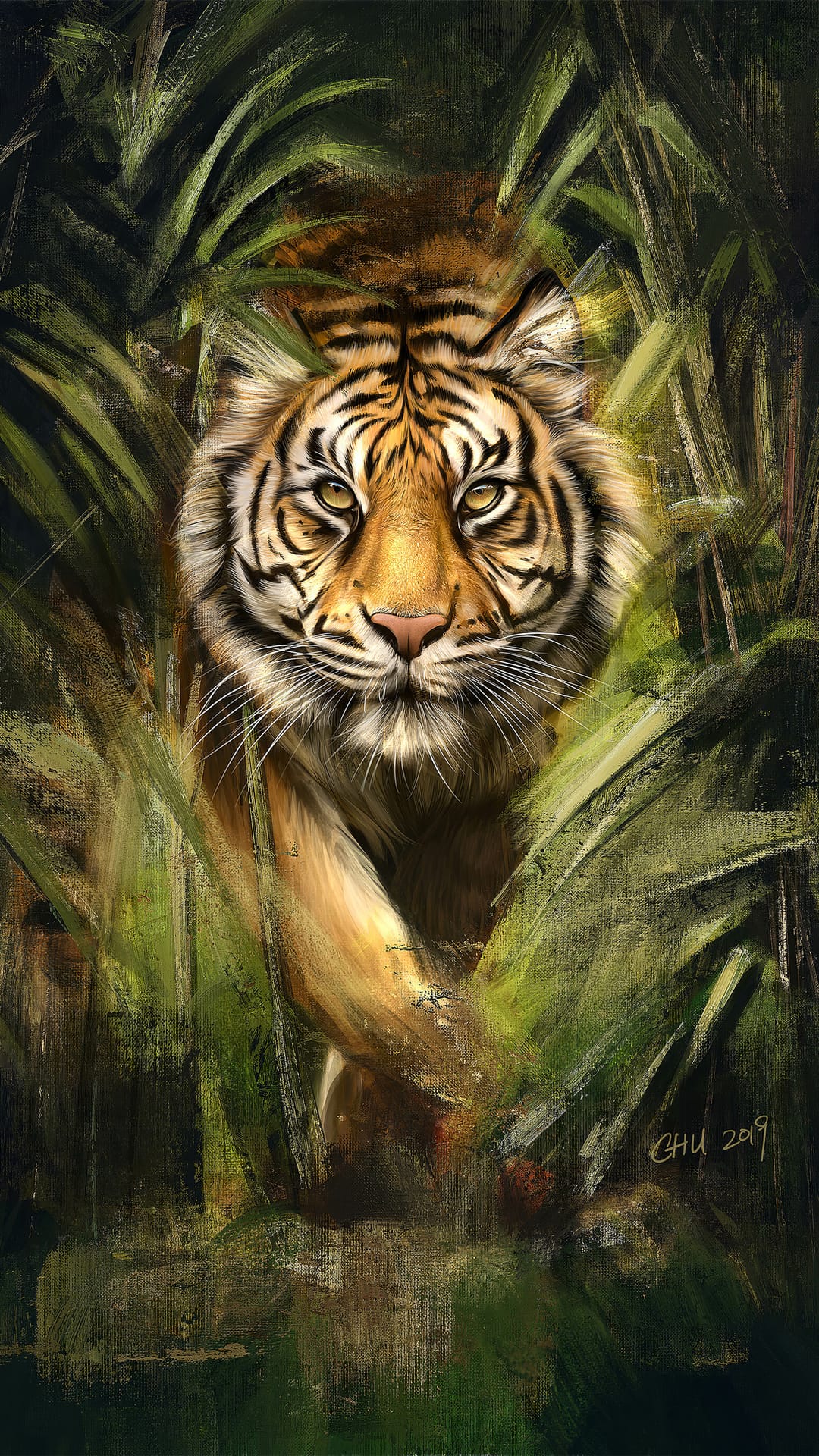 Tiger's face with yellow eyes and black stripes peers out from thick green leaves in a textured painting.