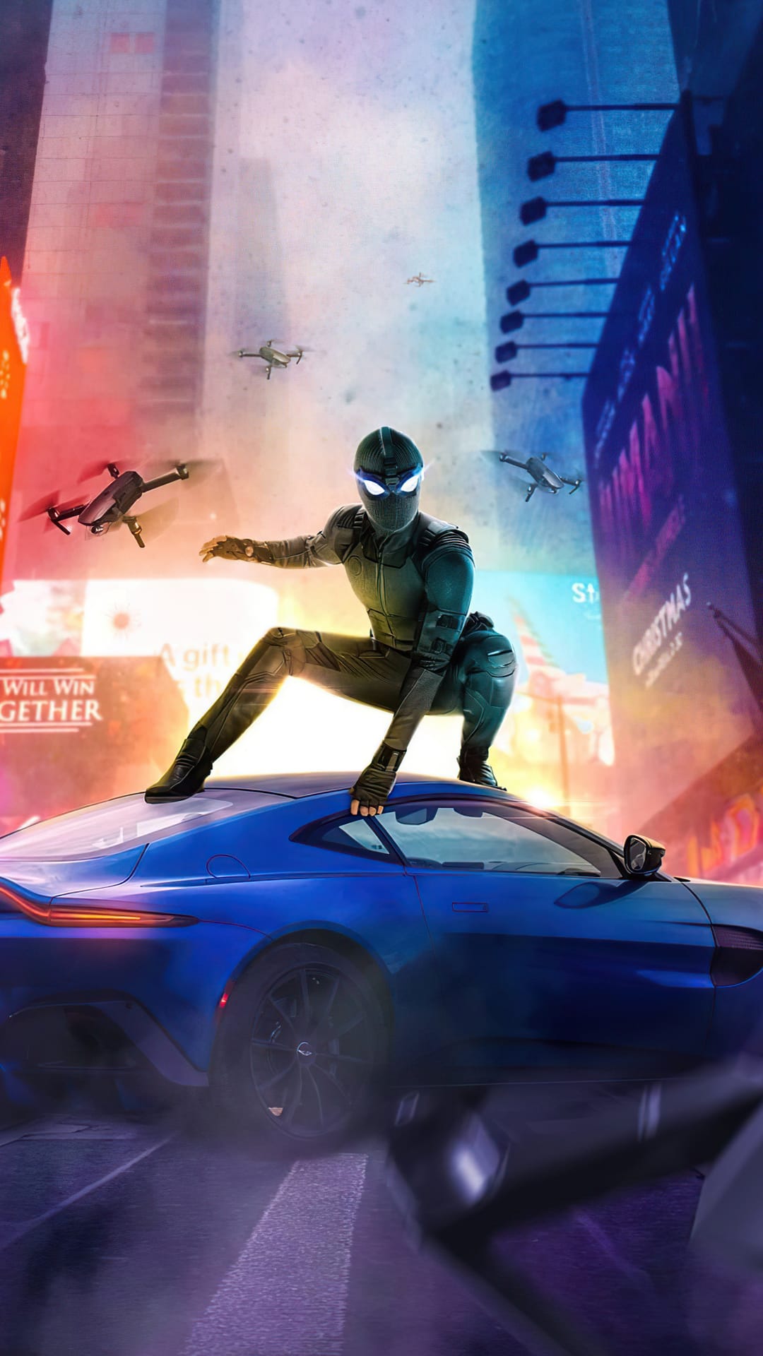 Spider-Man in a black stealth suit sits on a blue sports car hood within a neon-lit futuristic city with drones.