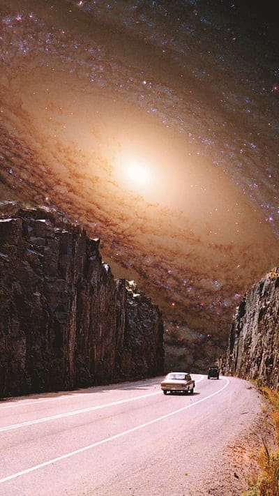 Driving in Space, Taudalpoi, aesthetic, awesome, car, carros, cosmic, cosmos, edit, galaxy, mountain, retro, road, stars, sun, surreal, surrealism, vintage, mobile wallpaper, android wallpaper, iPhone wallpaper, phone wallpaper