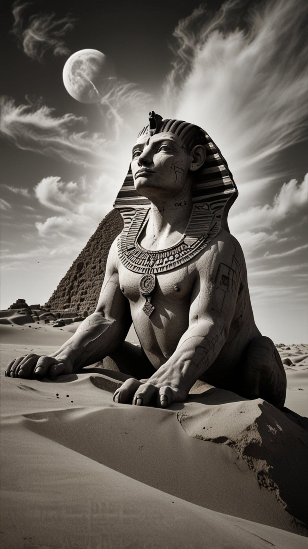 Great Sphinx statue and Giza pyramid under a large moon and cloudy night sky in a vertical desert landscape.