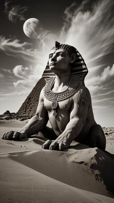 Sphinx,Egypt,Moon,Pyramid,Wallpaper,AI Art,Ai Wallpaper,Desktop Wallpaper,Artwork,Black,White,Black and White,Aesthetic