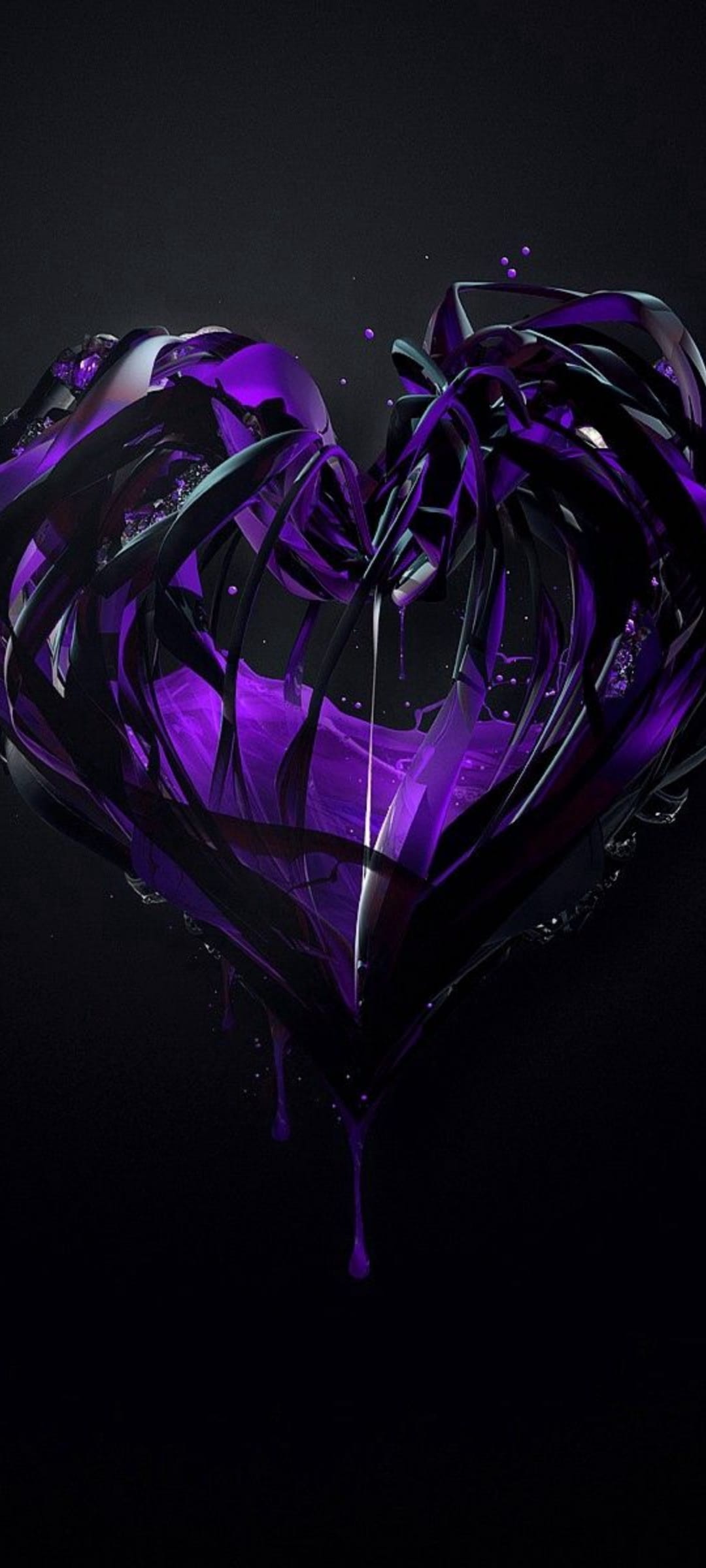 Purple liquid heart with viscous droplets falling against a black background in a vertical portrait orientation.