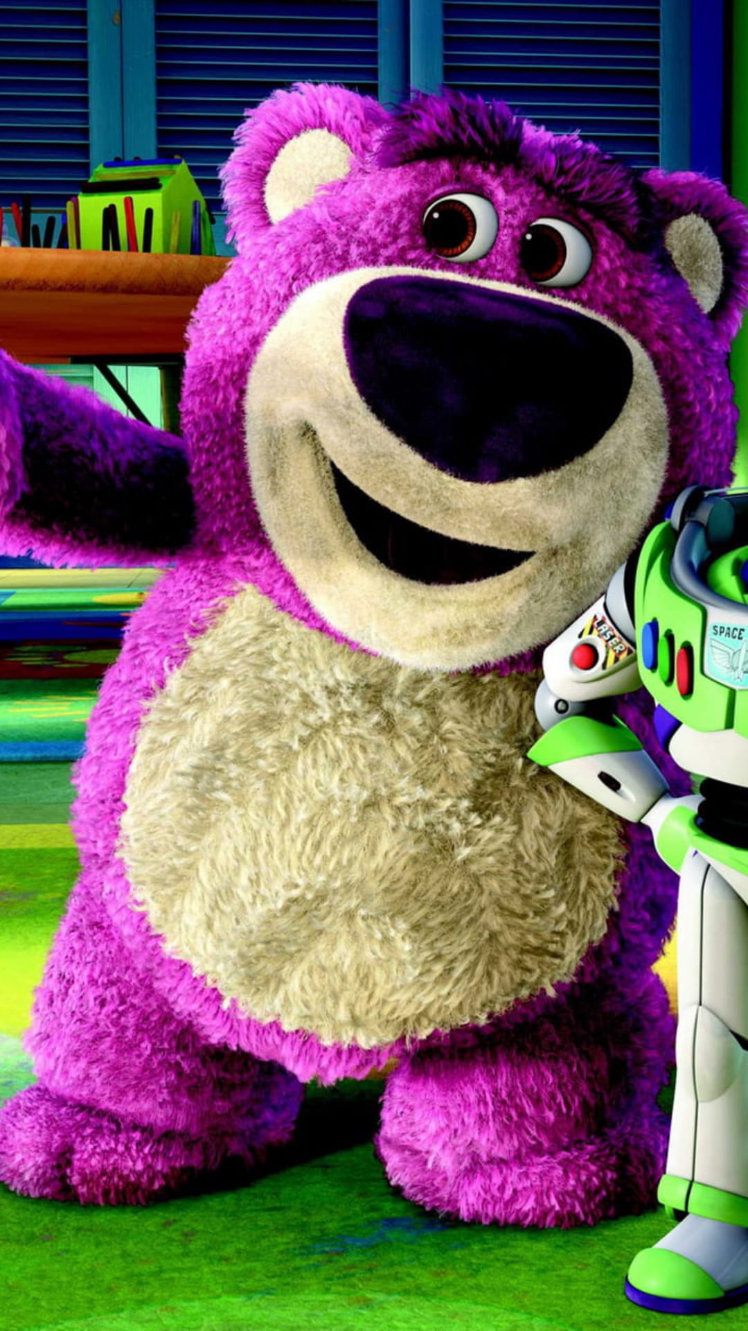 Lotso Huggin Bear and Buzz Lightyear stand side-by-side in a vibrant, close-up shot from the movie Toy Story 3.