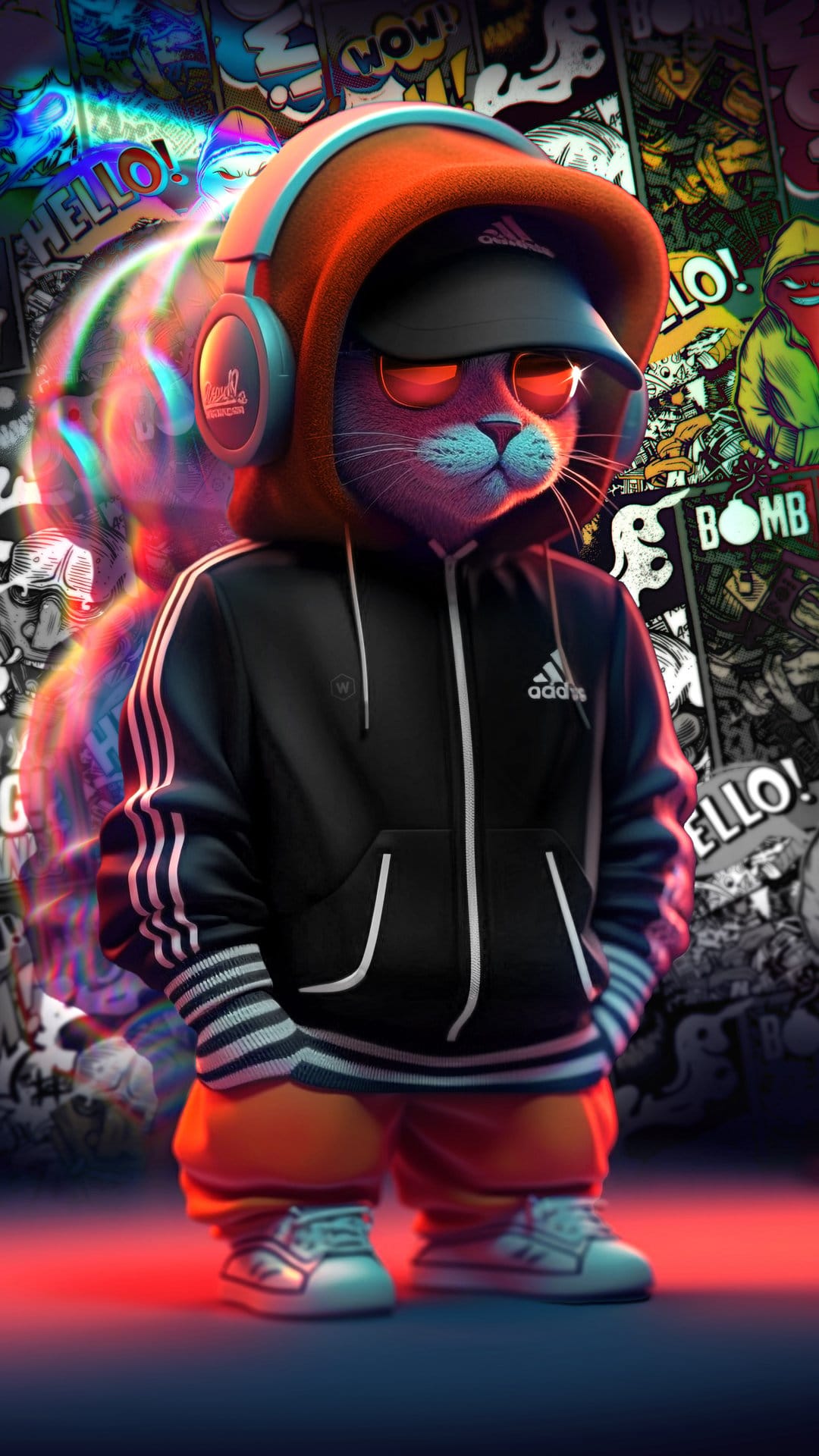 Cat character wearing headphones and sunglasses with glowing red eyes against a colorful graffiti backdrop.