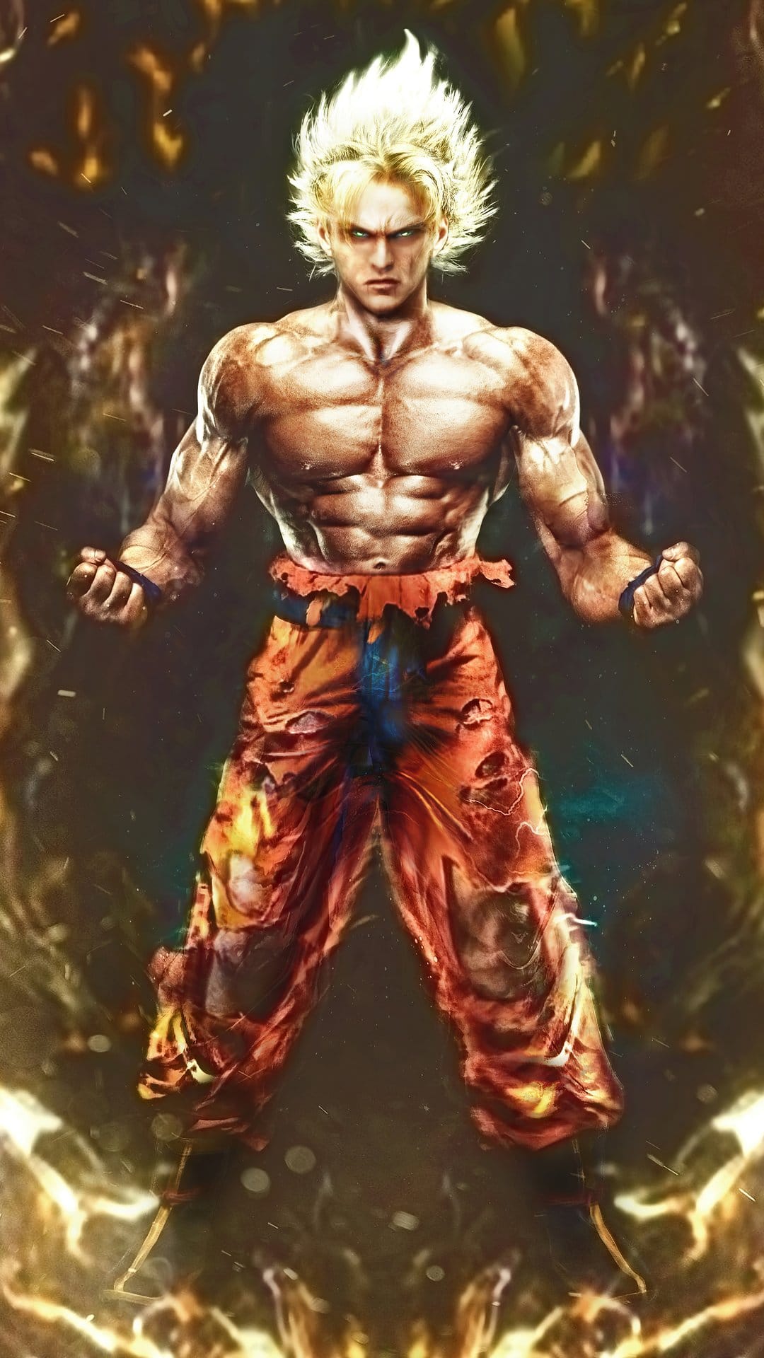 Goku stands with defined muscles and a glowing gold aura wearing a shredded orange martial arts gi in battle.
