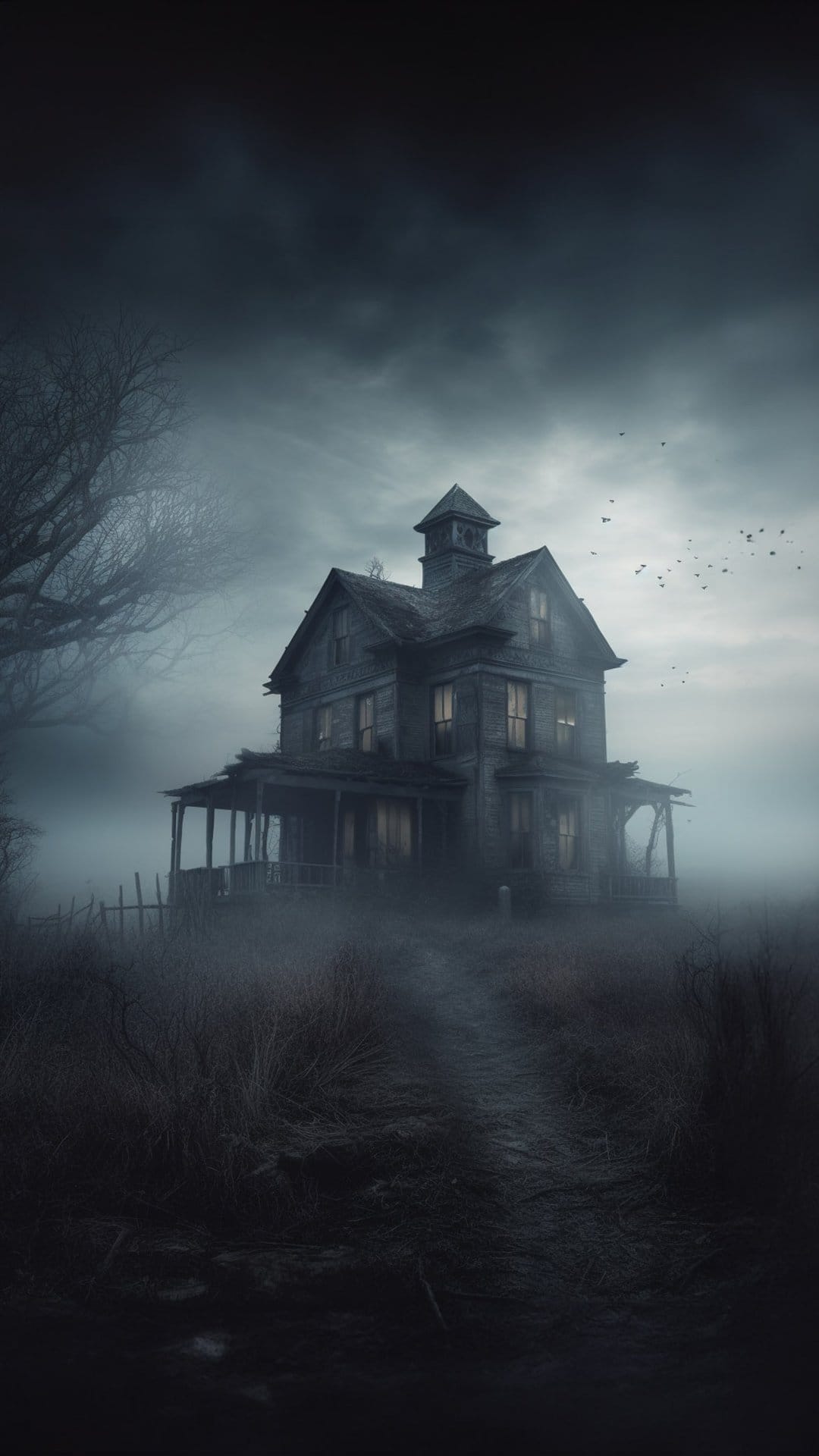 Dilapidated Victorian manor with glowing windows sits behind skeletal trees in thick fog on a winding path.